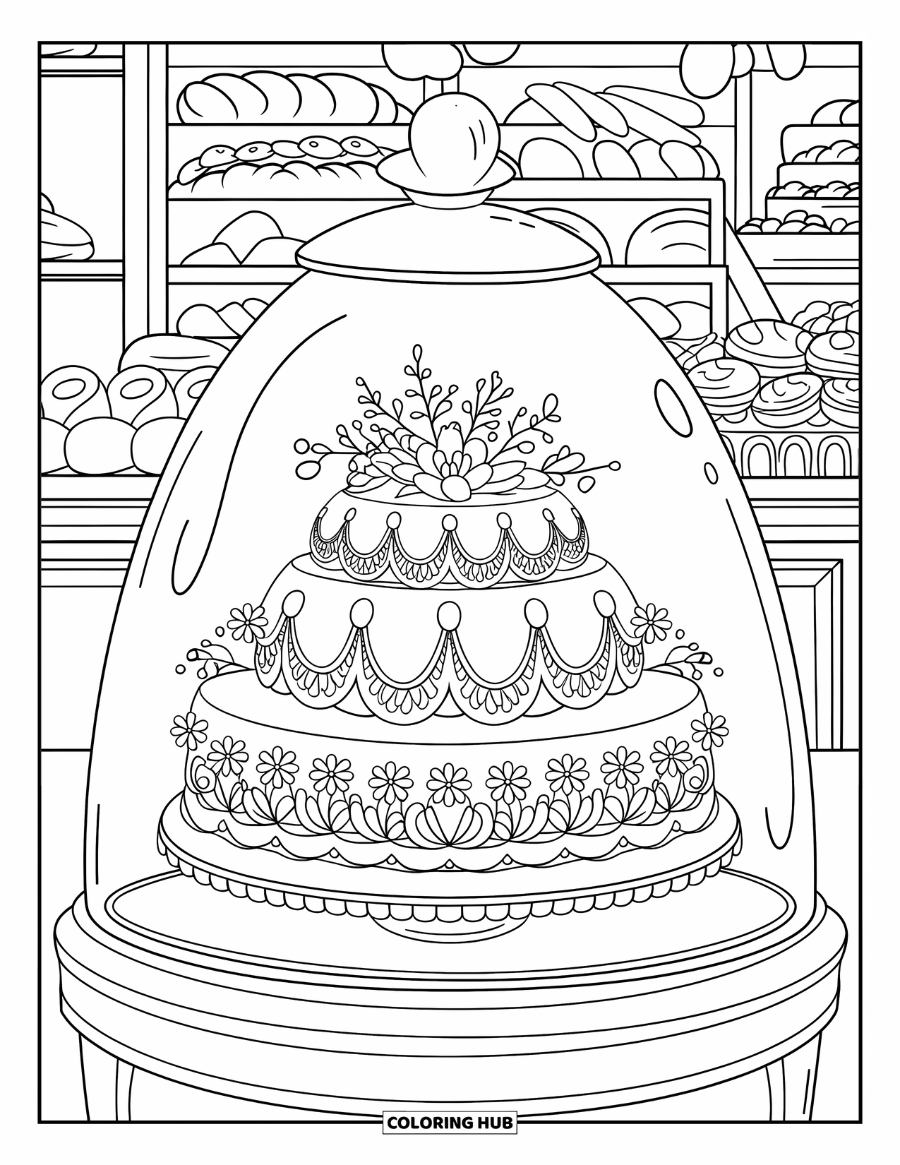 Bruidstaart Kleurplaat voor Kinderen: Een gezellige bakkerij toont een bruidstaart met bloemenversiering in een glazen vitrine