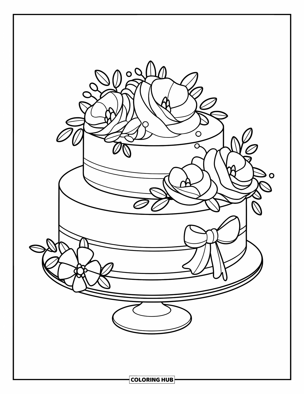 Bruidstaart Kleurplaat voor Kinderen: Een versierde bruidstaart met bloemen en een strik staat op een voetstuk