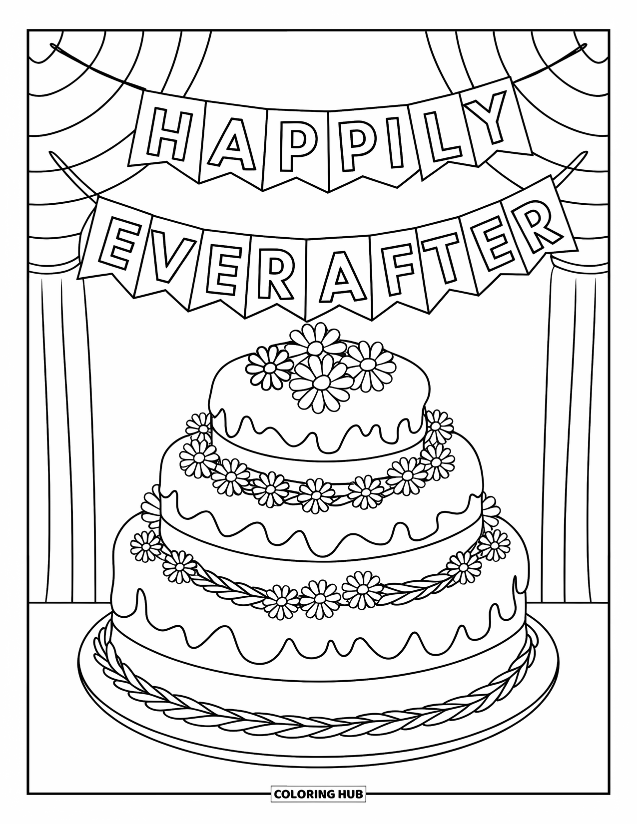 Bruidstaart Kleurplaat voor Kinderen: Een feestelijke bruidstaart met ingewikkelde ontwerpen staat onder een decoratieve banner