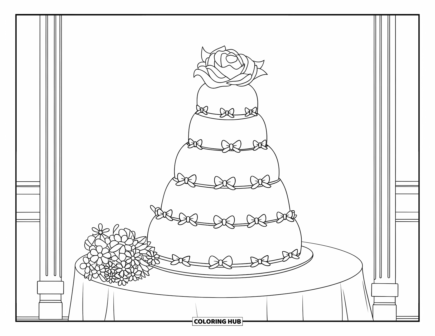 Bruidstaart Kleurplaat voor Kinderen: Een met bloemen versierde bruidstaart staat op een tafel, omringd door stoelen
