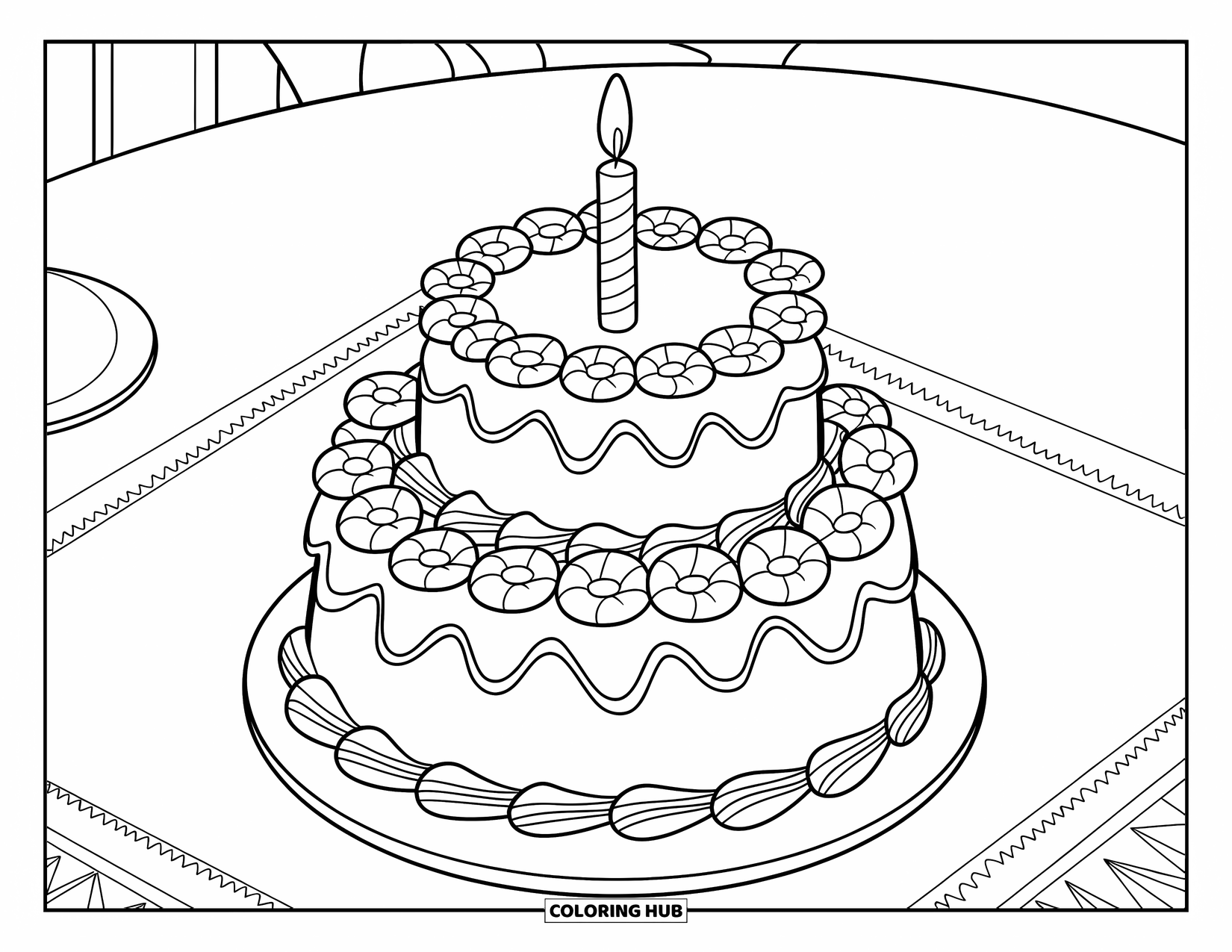 Bruidstaart Kleurplaat voor Kinderen: Een met bloemen versierde bruidstaart met een kaars als taarttopper staat op een ronde standaard