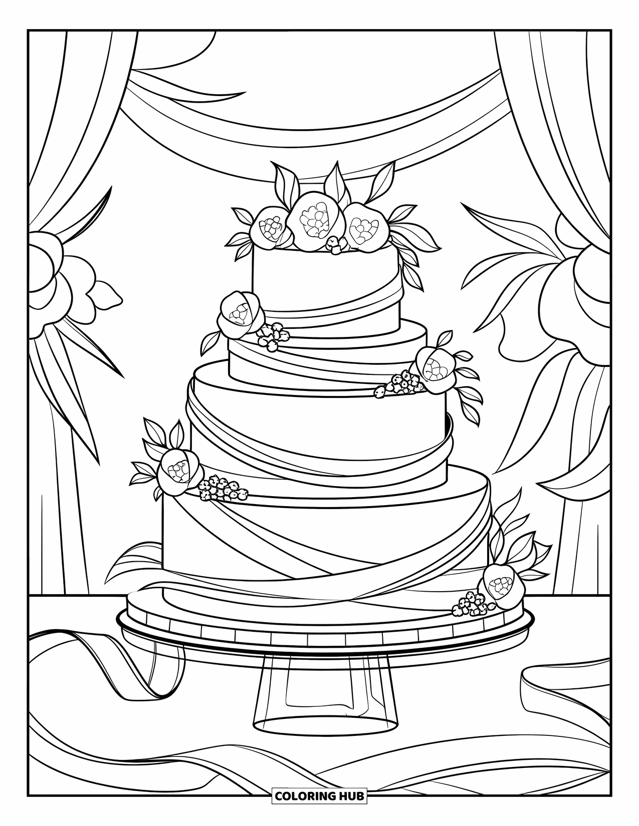 Bruidstaart Kleurplaat voor Kinderen: Een met fondant bedekte bruidstaart met lintdetails is geplaatst op een moderne standaard
