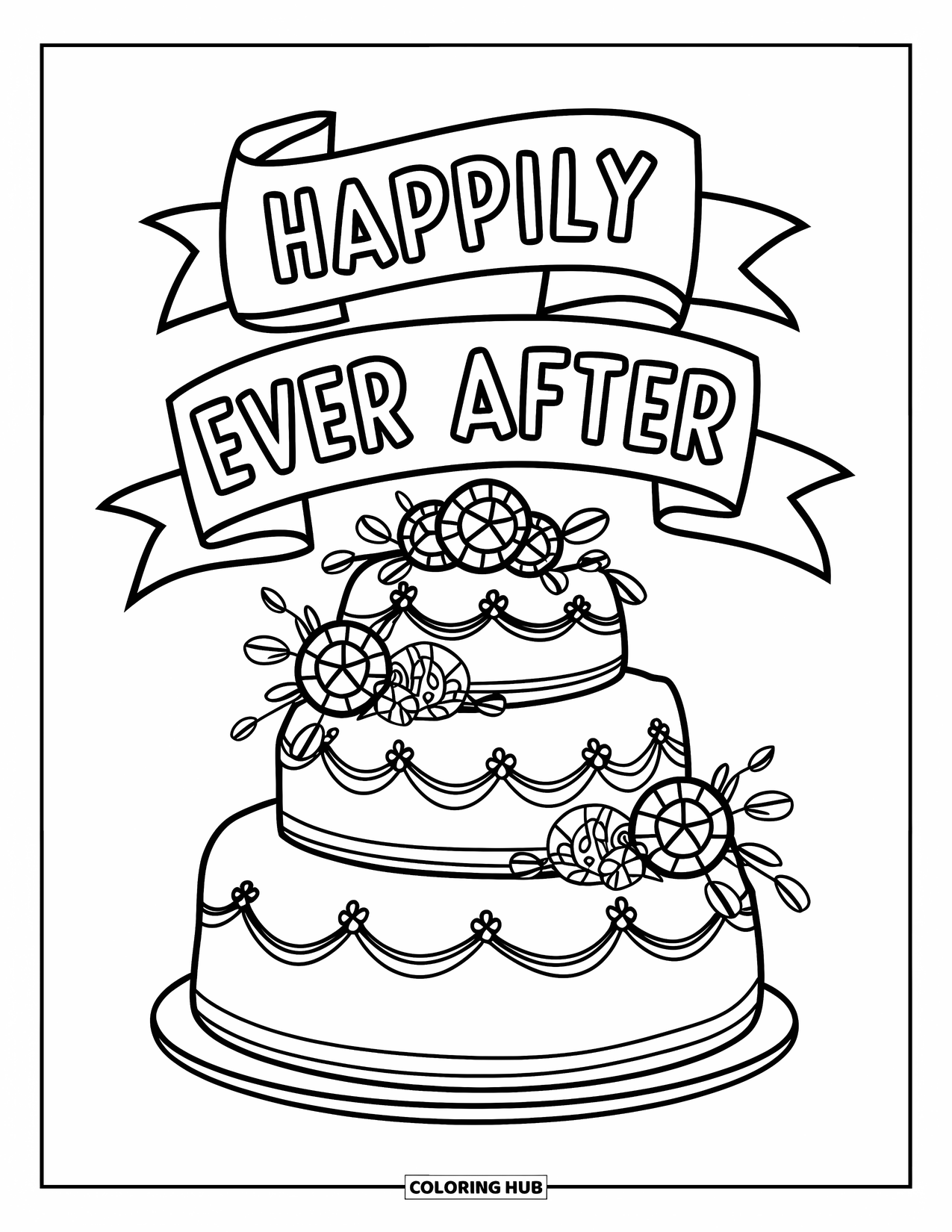 Bruidstaart Kleurplaat voor Kinderen: Een grandioze bruidstaart met een "Happily Ever After"-banner staat op een standaard