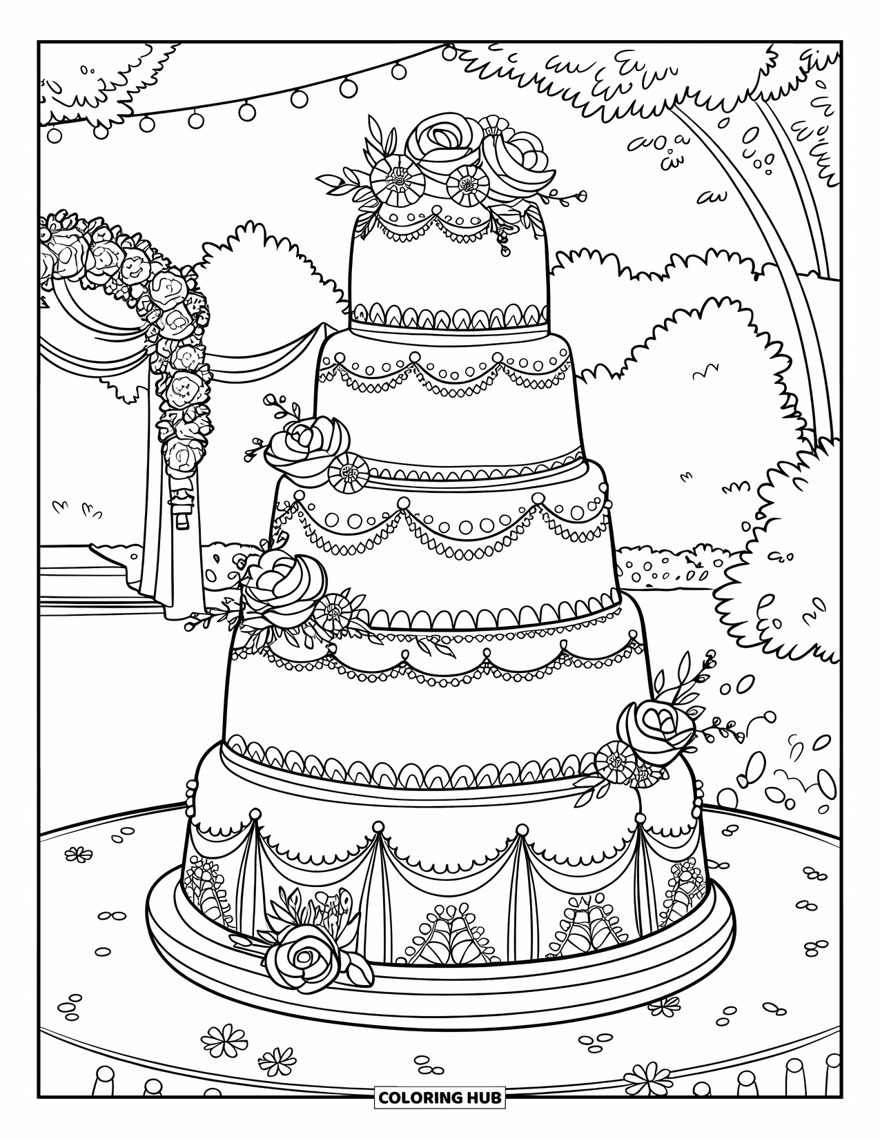 Bruidstaart Kleurplaat voor Kinderen: Een grandioze bruidstaart met ingewikkelde bloemenversiering staat onder fonkelende lichtjes