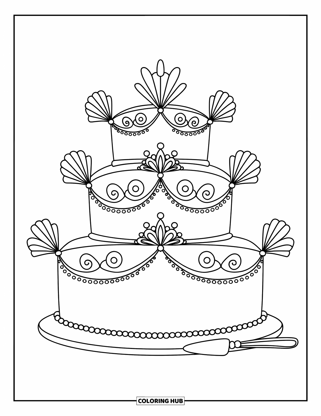 Bruidstaart Kleurplaat voor Kinderen: Een luxueuze bruidstaart met delicate krullen en parels staat op een standaard