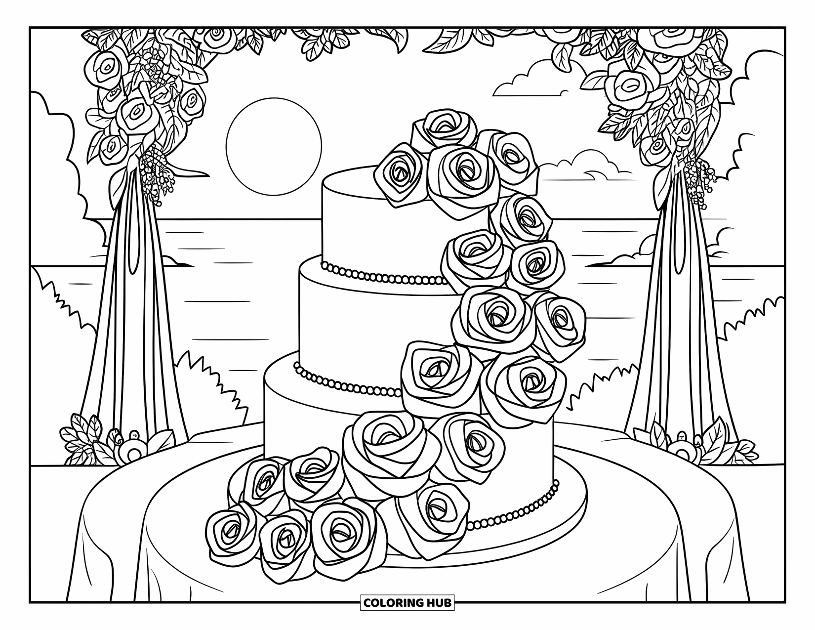 Bruidstaart Kleurplaat voor Kinderen: Een bruidstaart met meerdere lagen en bloemendetails staat onder een elegante boog