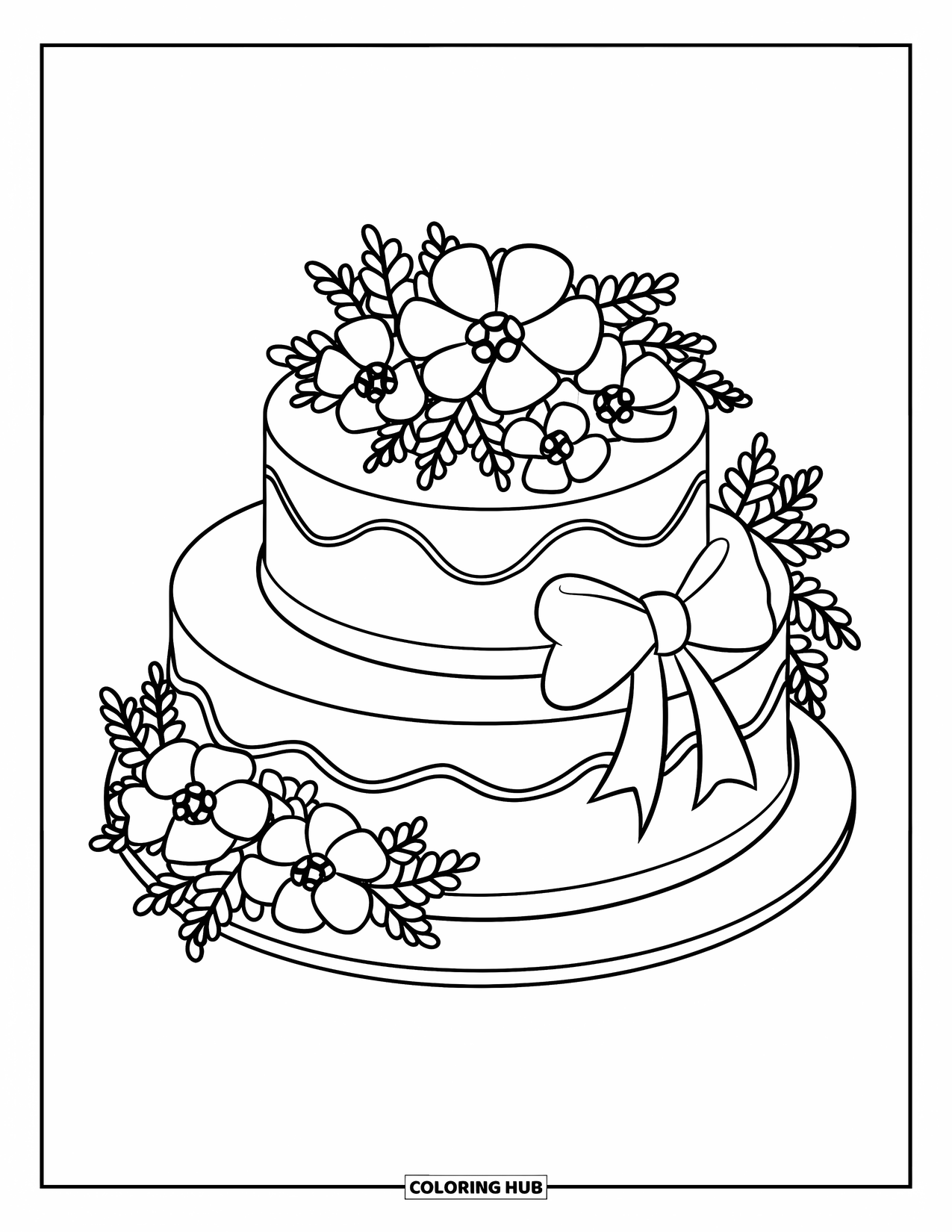 Bruidstaart Kleurplaat voor Kinderen: Een ronde taart met bloemendetails en een strik staat elegant op een standaard
