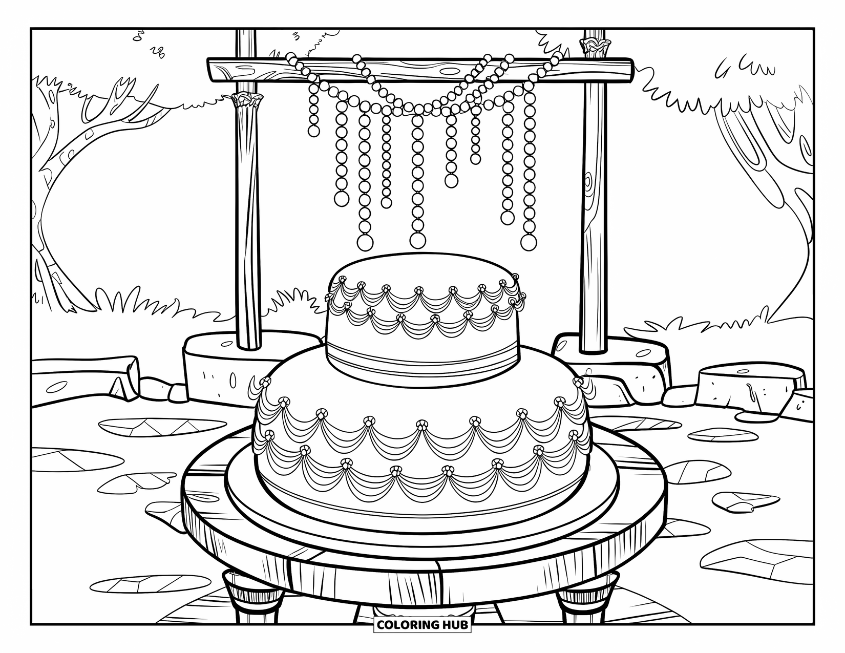 Bruidstaart Kleurplaat voor Kinderen: Een rustieke bruidstaart met bloemaccenten staat onder een houten boog