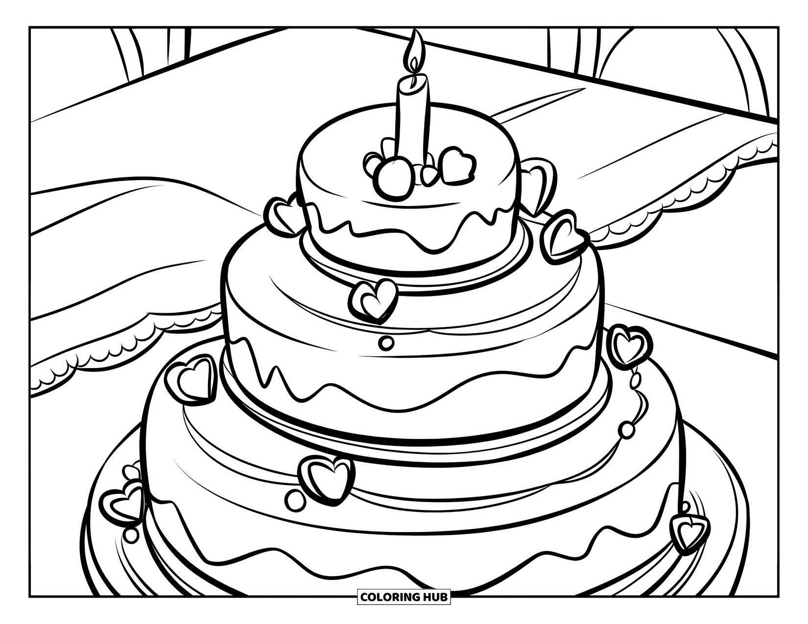 Bruidstaart Kleurplaat voor Kinderen: Een gestapelde bruidstaart met dik glazuur en kaarsen staat op een met stof bedekte tafel