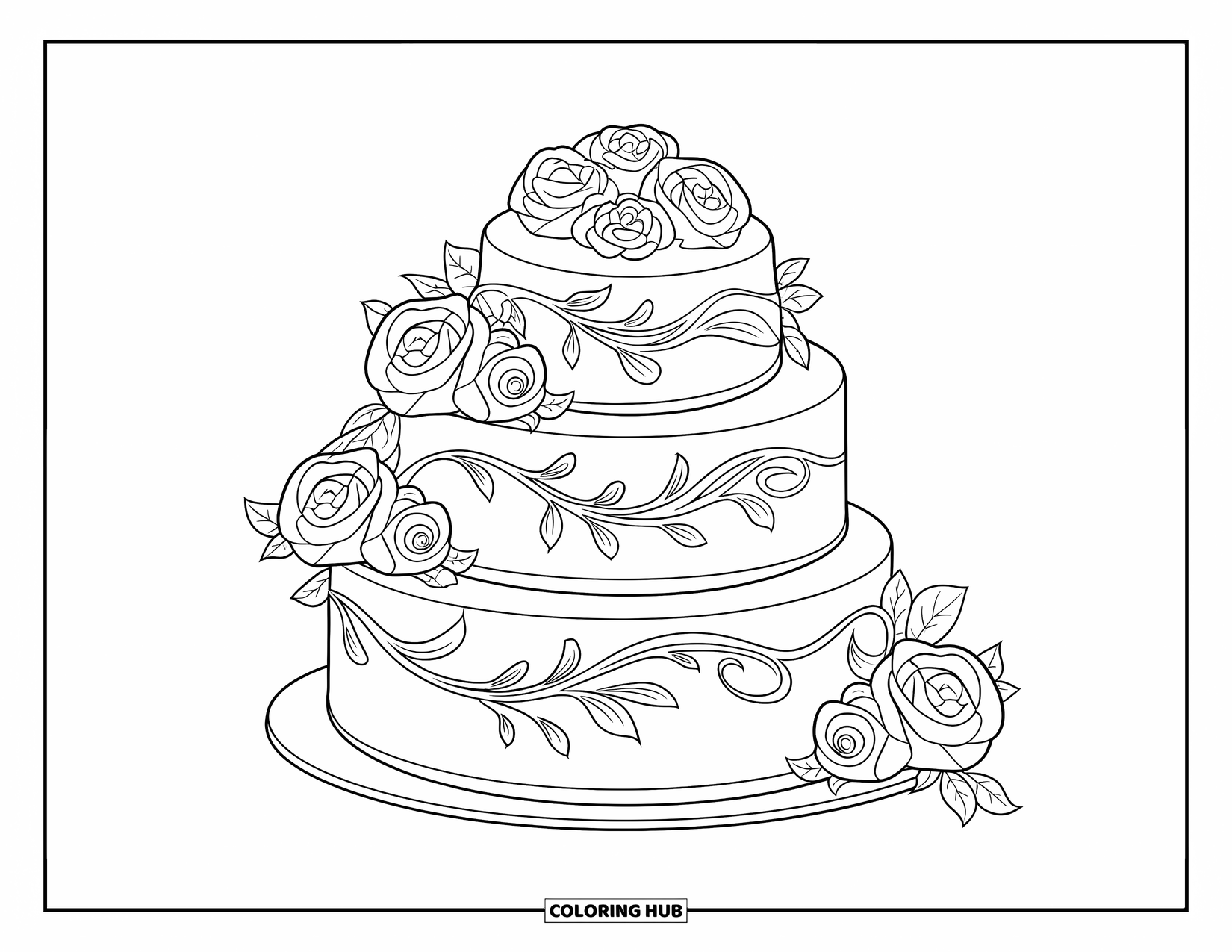 Bruidstaart Kleurplaat voor Kinderen: Een drielaagse taart met delicate versiering en rozen rust op een standaard
