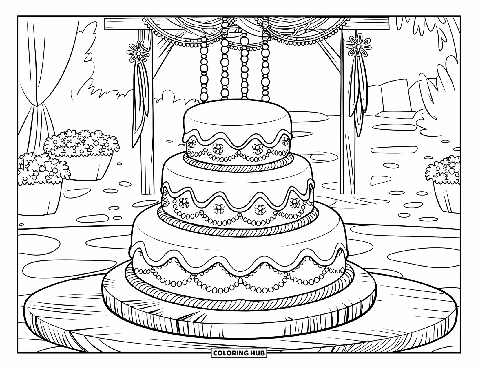 Bruidstaart Kleurplaat voor Kinderen: Een rustieke bruidstaart met drie lagen en kantversiering staat onder een houten boog