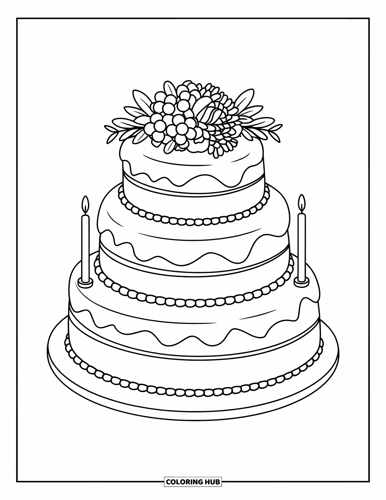 Bruidstaart Kleurplaat voor Kinderen: Een bruidstaart met drie lagen, versierd met glazuurkralen en bloemendetails, staat op een standaard