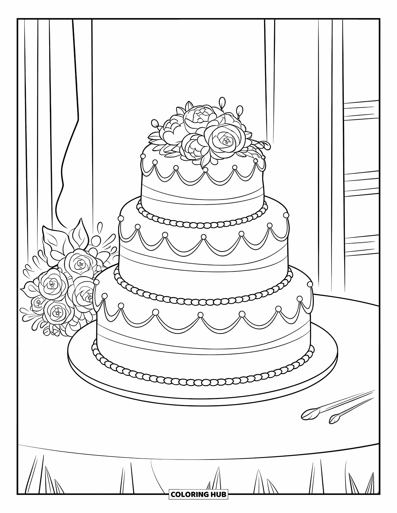 Bruidstaart Kleurplaat voor Kinderen: Een drielaagse bruidstaart met bloemaccenten en kralen staat naast een boeket