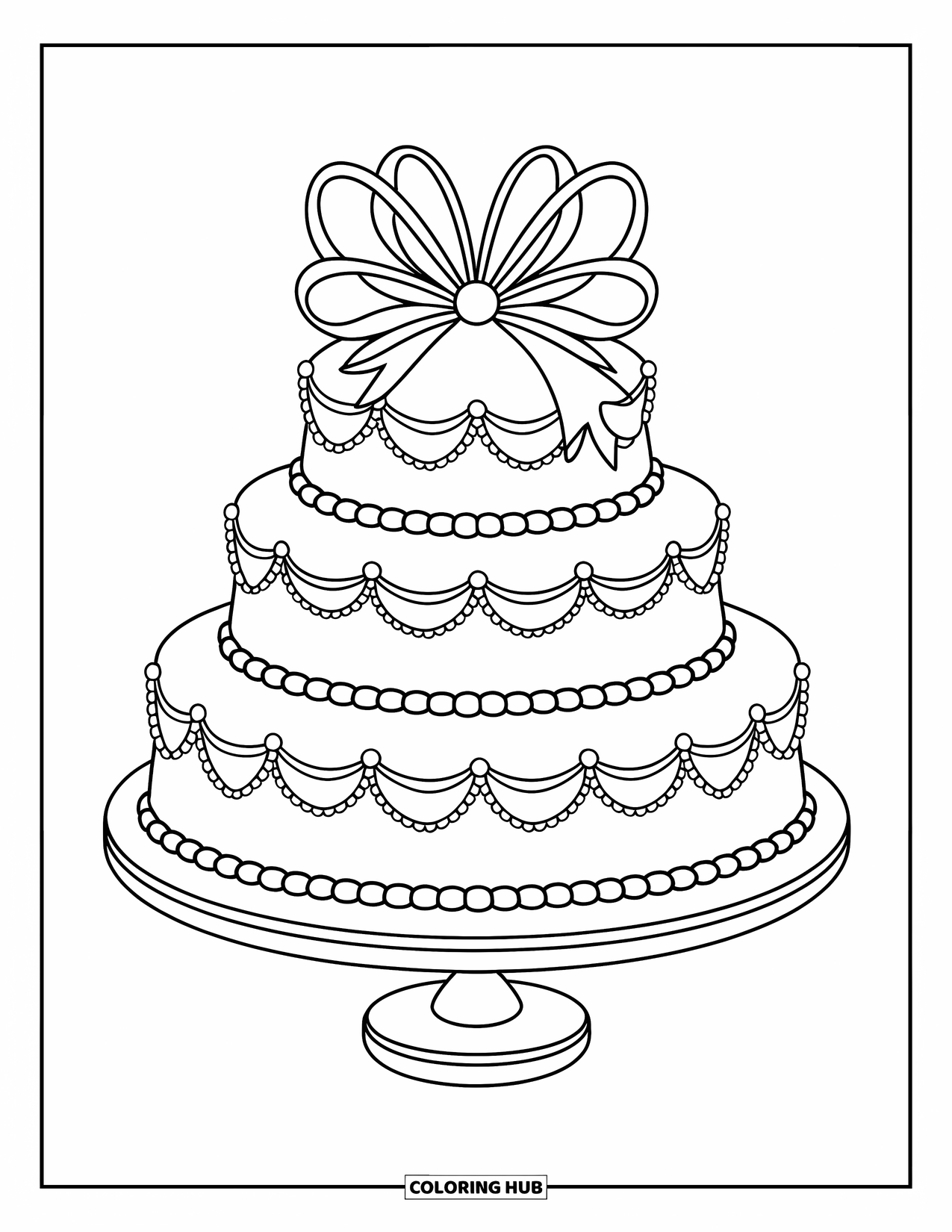 Bruidstaart Kleurplaat voor Kinderen: Een gelaagde taart met parelaccenten en een decoratieve strik staat op een elegante standaard