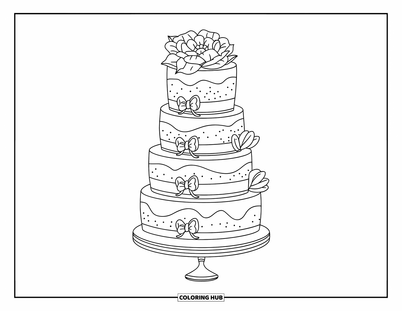 Bruidstaart Kleurplaat voor Kinderen: Een gelaagde bruidstaart met strikken en een grote bloem staat op een tafel