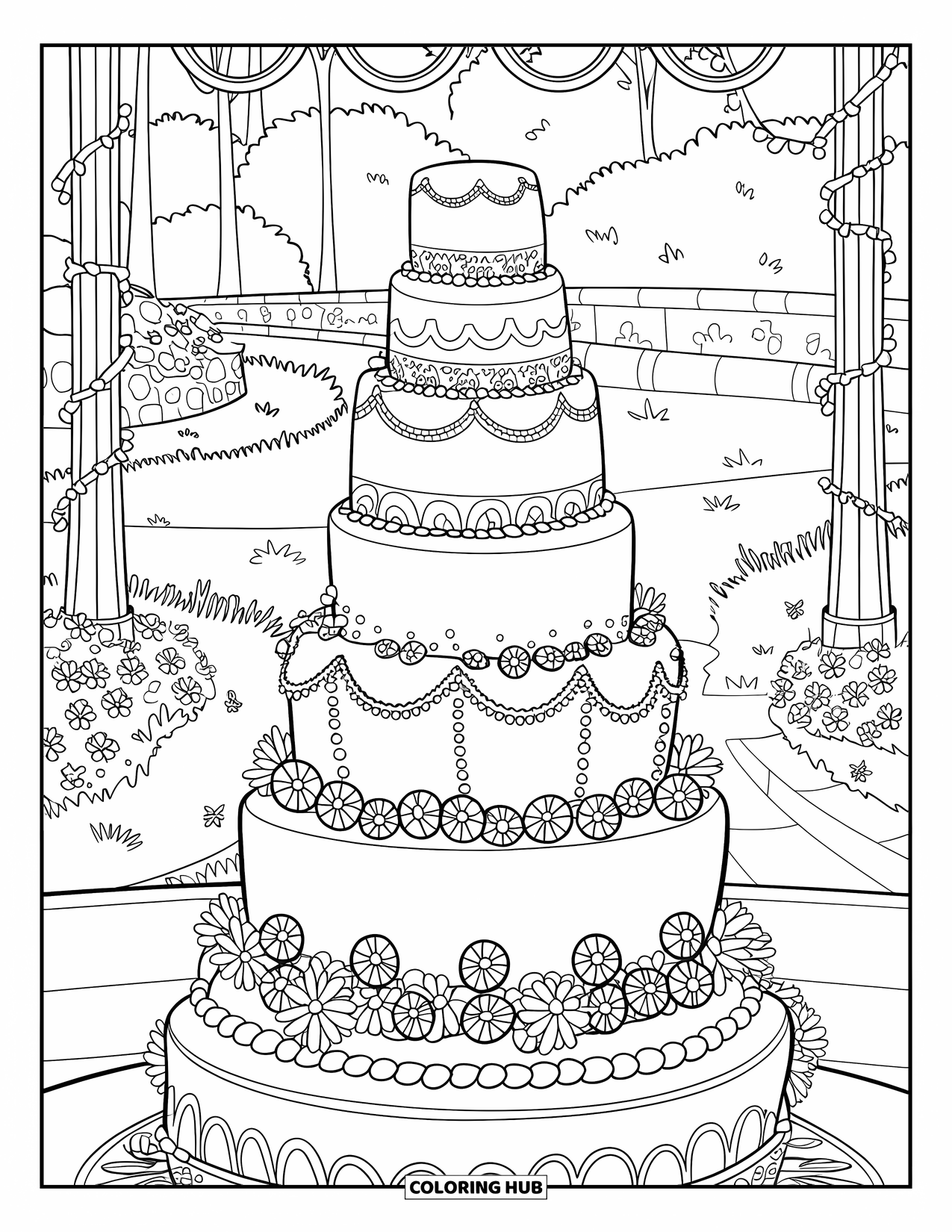 Bruidstaart Kleurplaat voor Kinderen: Een gelaagde bruidstaart met bloemmotieven is omgeven door bomen en feeërieke lichtjes
