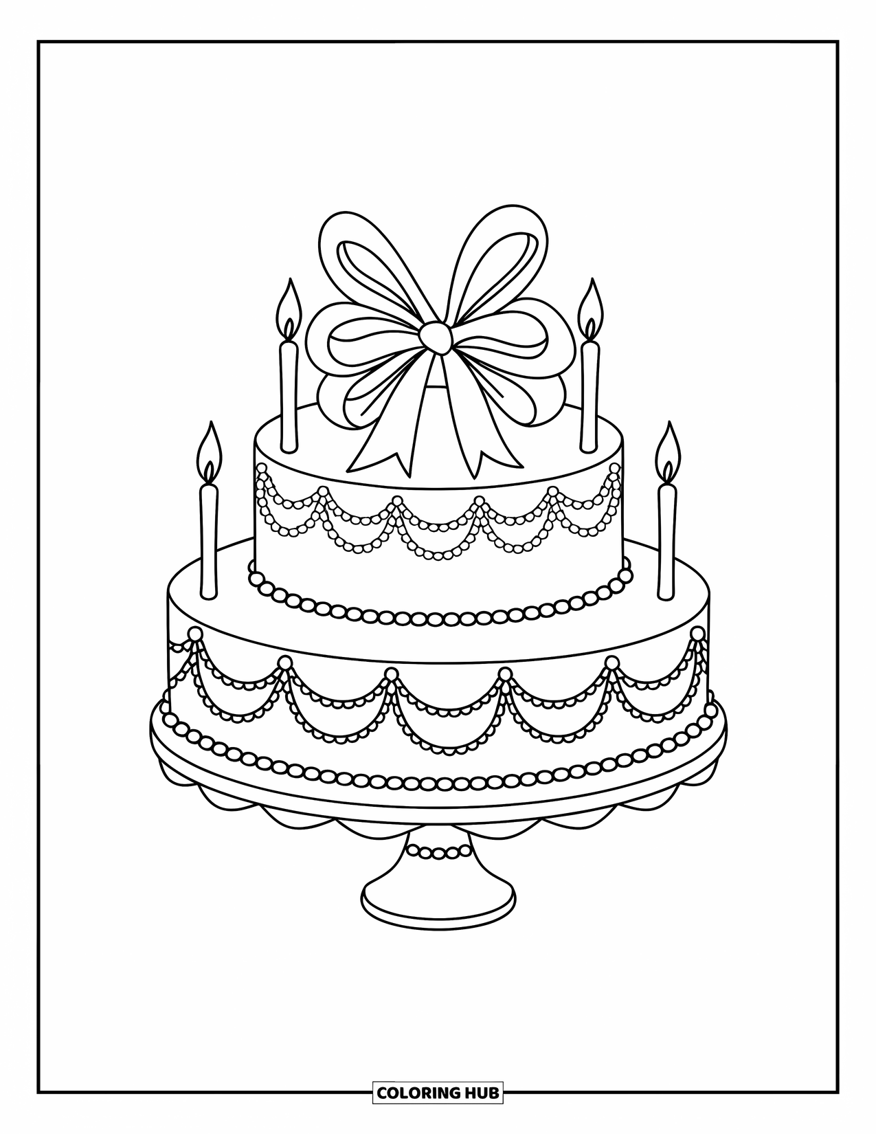 Bruidstaart Kleurplaat voor Kinderen: Een bruidstaart met een parelrand en een chique strik als taarttopper staat op een standaard
