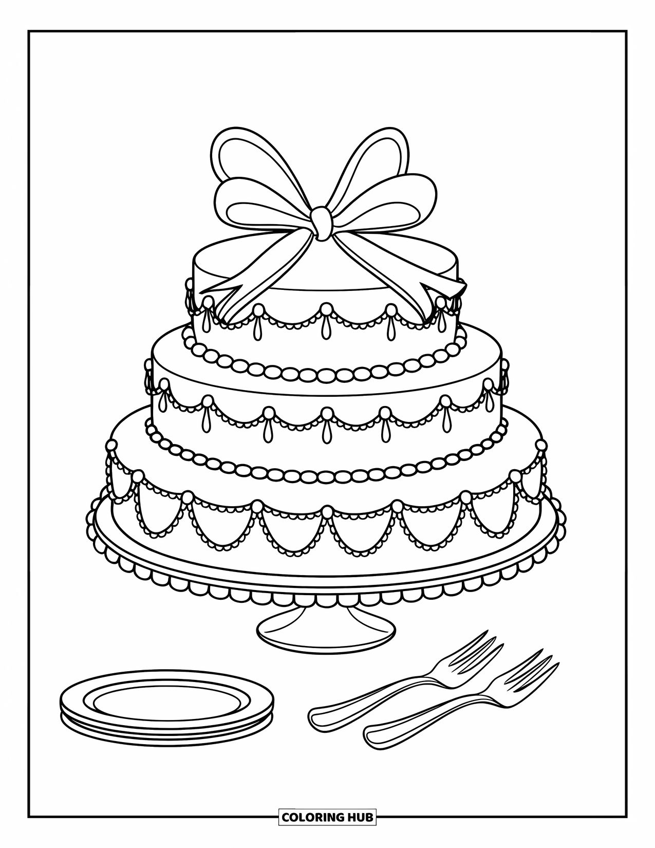 Bruidstaart Kleurplaat voor Kinderen: Een bruidstaart met opvallende versiering en een strik staat naast borden en vorken