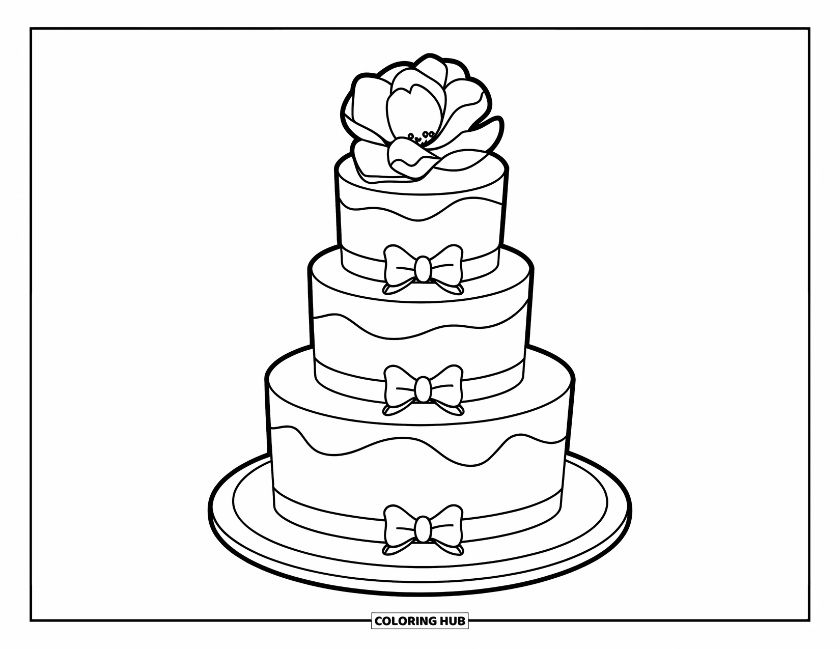 Bruidstaart Kleurplaat voor Kinderen: Een bruidstaart met strikken en een bloem als taarttopper staat op een decoratieve standaard