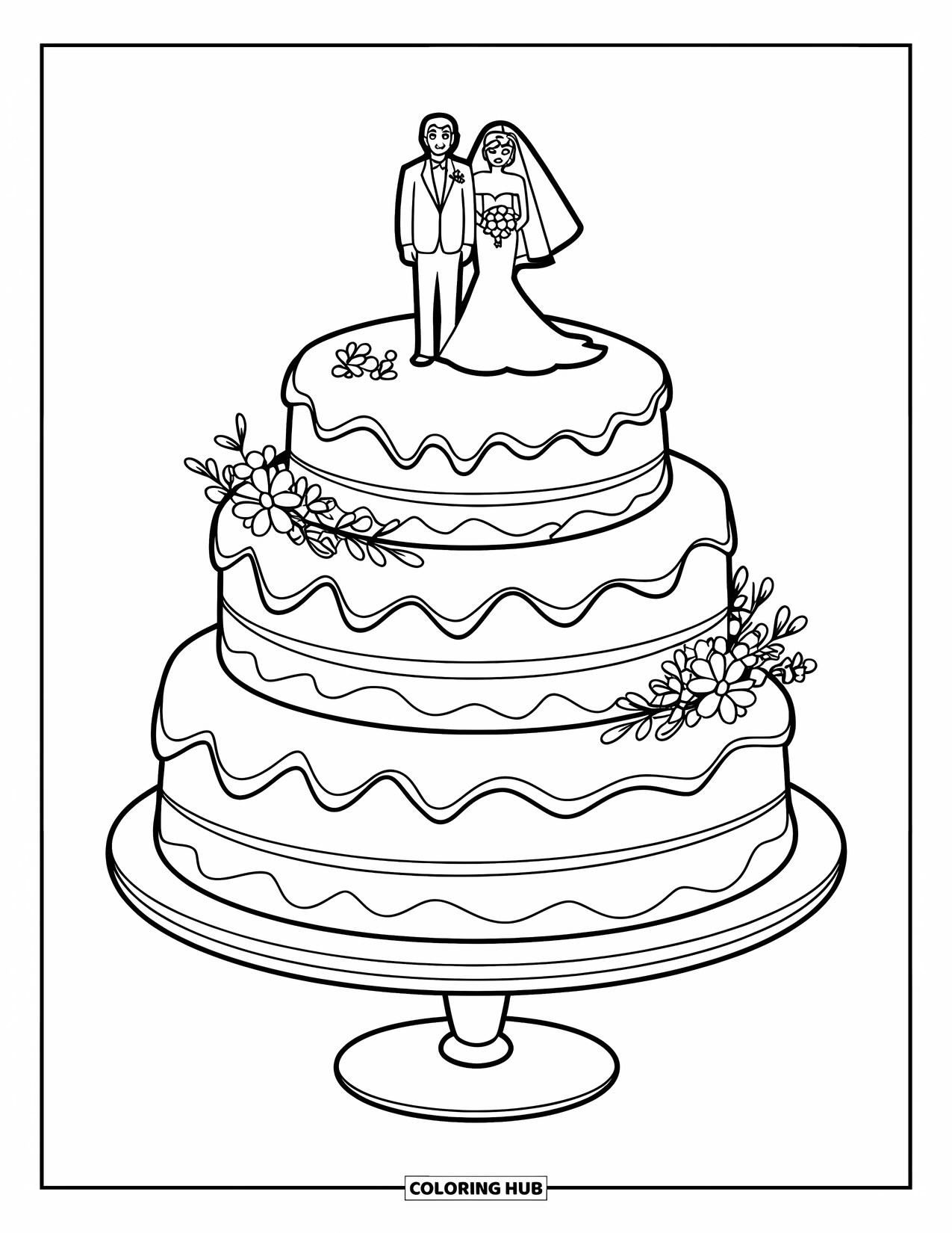 Bruidstaart Kleurplaat voor Kinderen: Een bruidstaart met gladde glazuurlagen en een bruid-en-bruidegom-taarttopper staat op een standaard