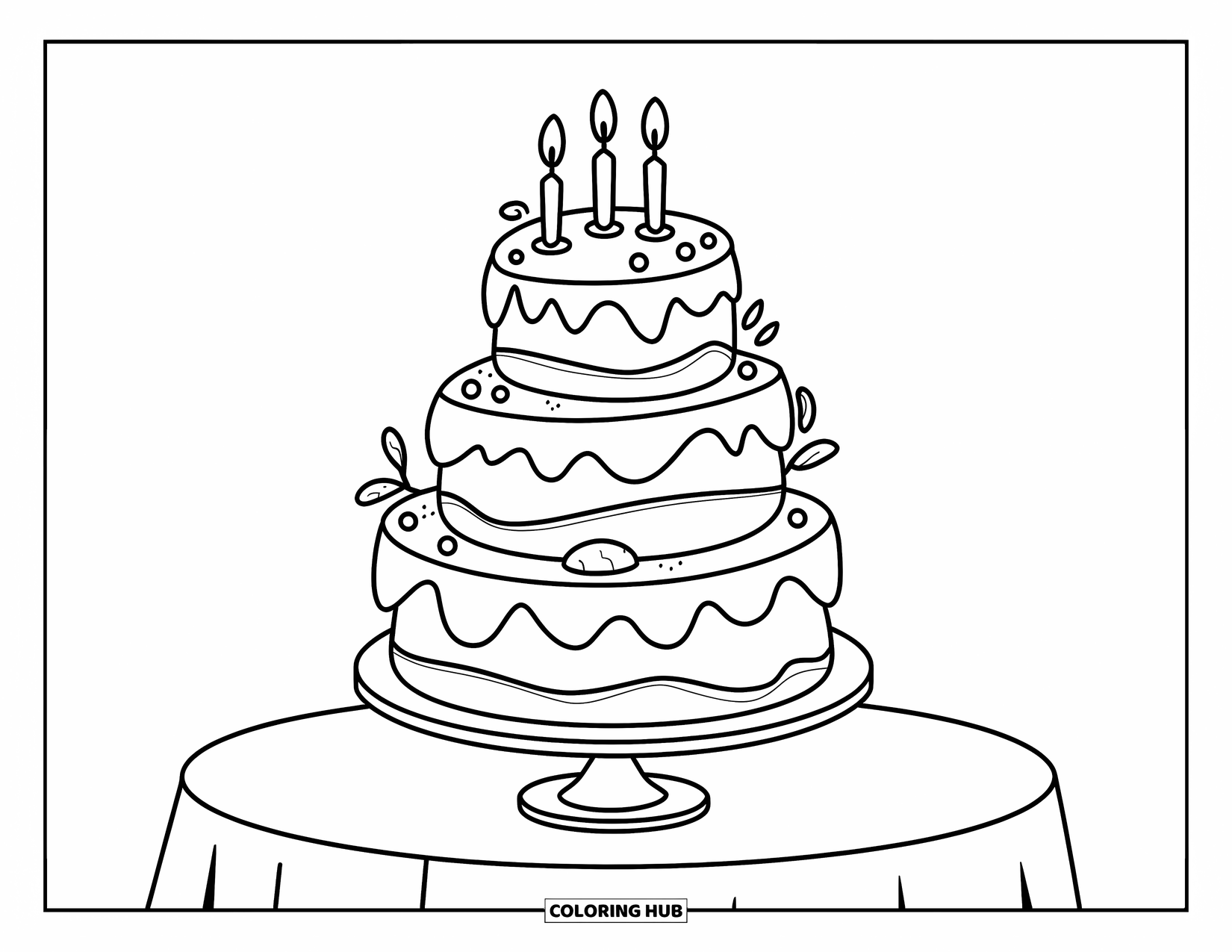 Bruidstaart Kleurplaat voor Kinderen: Een grillige bruidstaart met gekrulde glazuurlagen staat op een versierde tafel