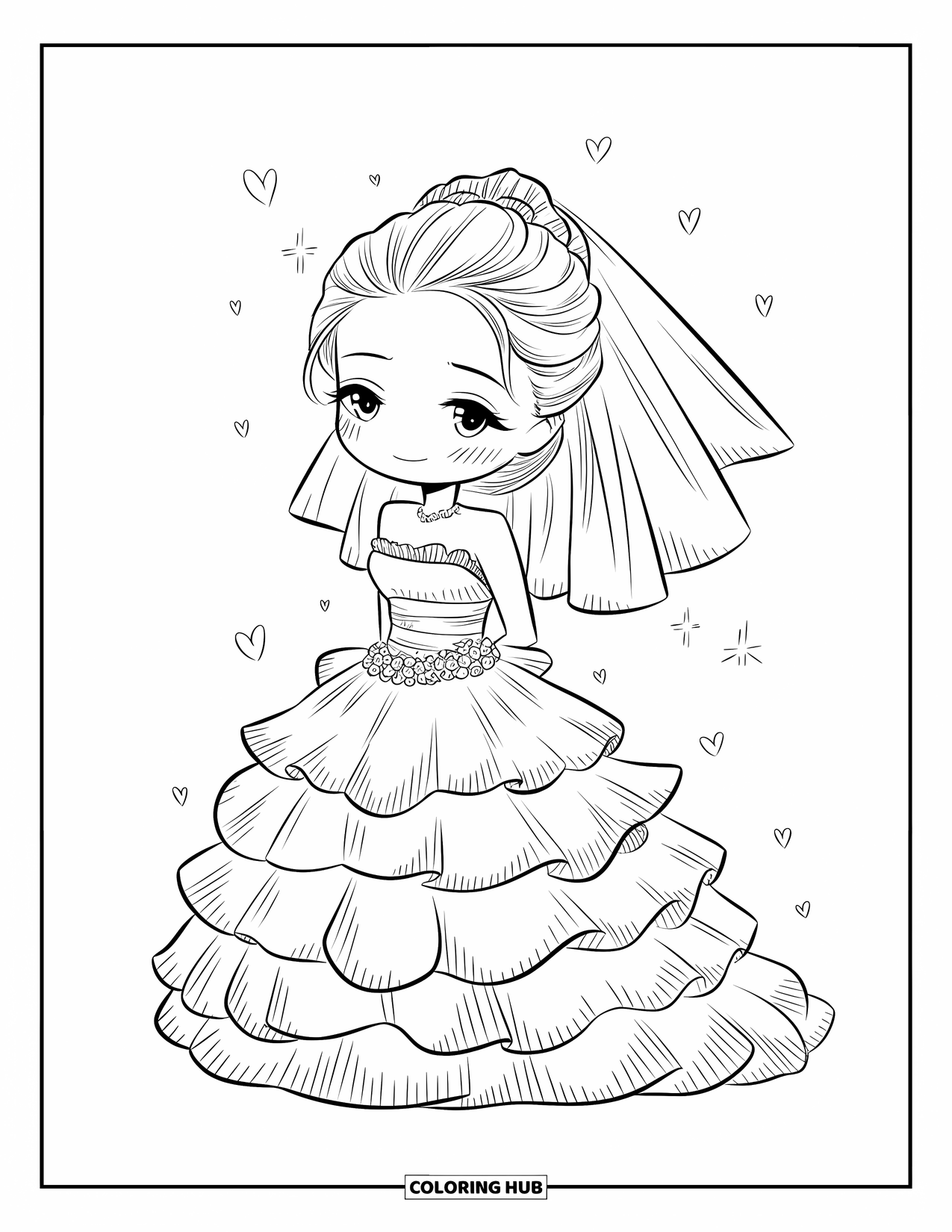Dibujo de vestido de novia para colorear para adultos: Una novia chibi sonrojada está de pie con su vestido de capas, rodeada de suaves y brillantes destellos de corazón