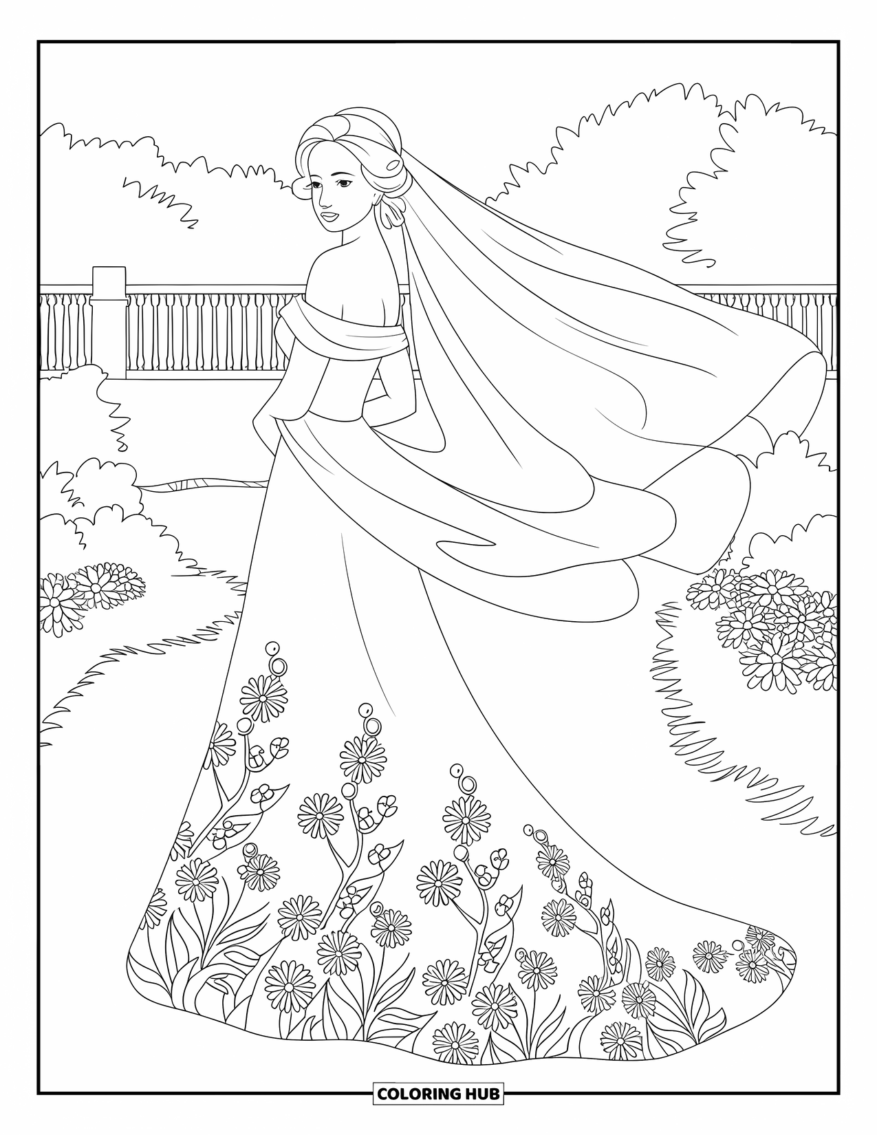 Dibujo para colorear de vestido de novia para adultos: Una novia con un vestido floral está de pie en un jardín, enmarcada por árboles y senderos sinuosos