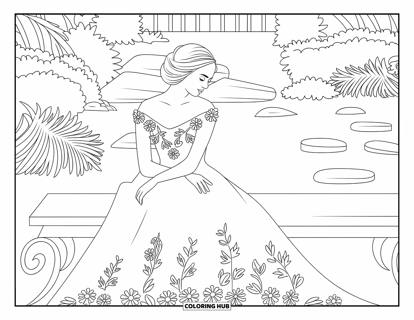Dibujo para colorear de vestido de novia para adultos: Una novia se inclina hacia adelante en un banco, su vestido de novia se mezcla con el exuberante jardín