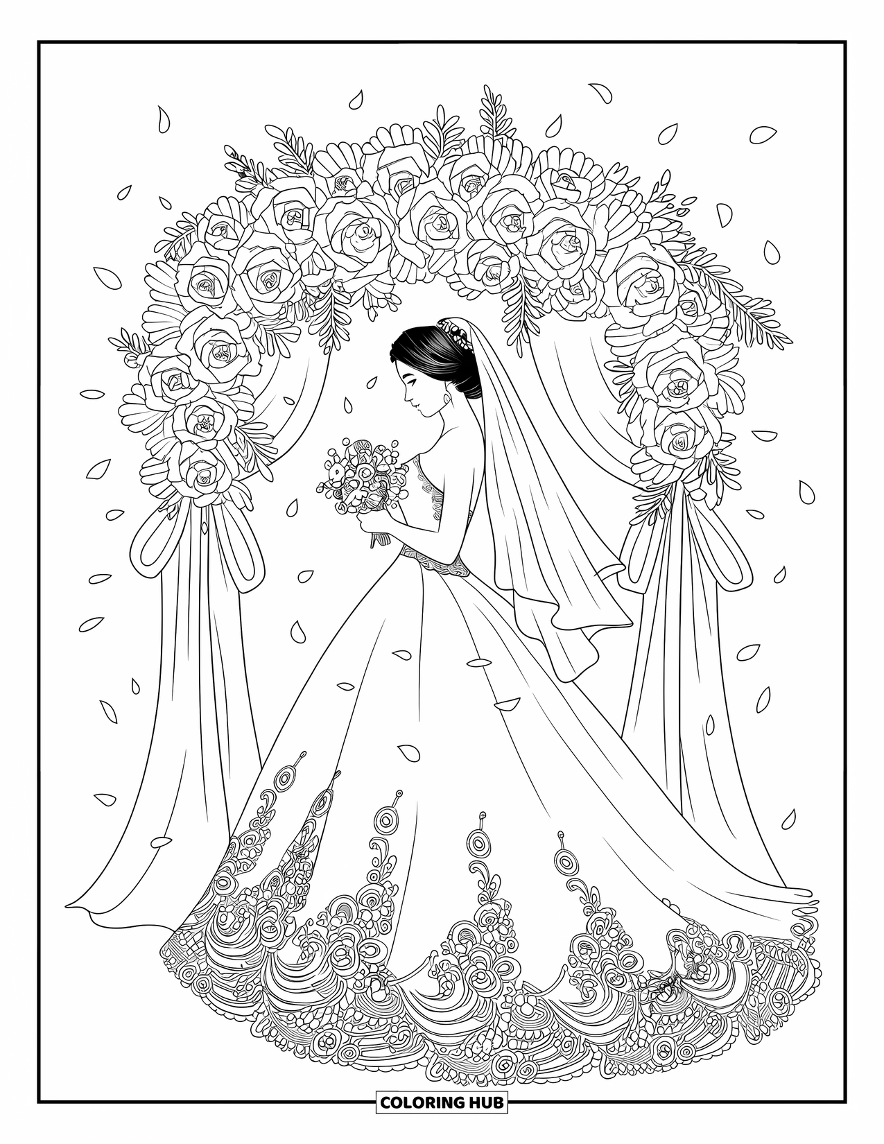 Dibujo de vestido de novia para colorear para adultos: Una novia está de pie en una catedral a la luz de las velas, con su velo arrastrando mientras camina hacia el altar