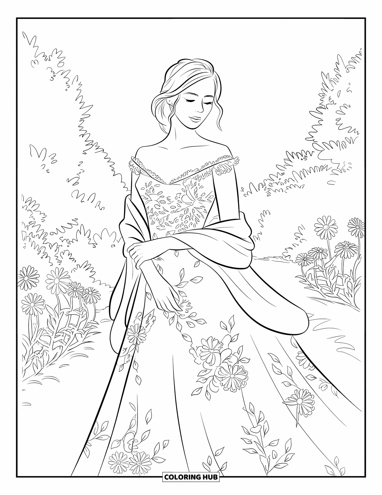 Dibujo de vestido de novia para colorear para adultos: Una novia está de pie en un jardín tranquilo, con su chal de encaje elegantemente drapeado sobre sus brazos