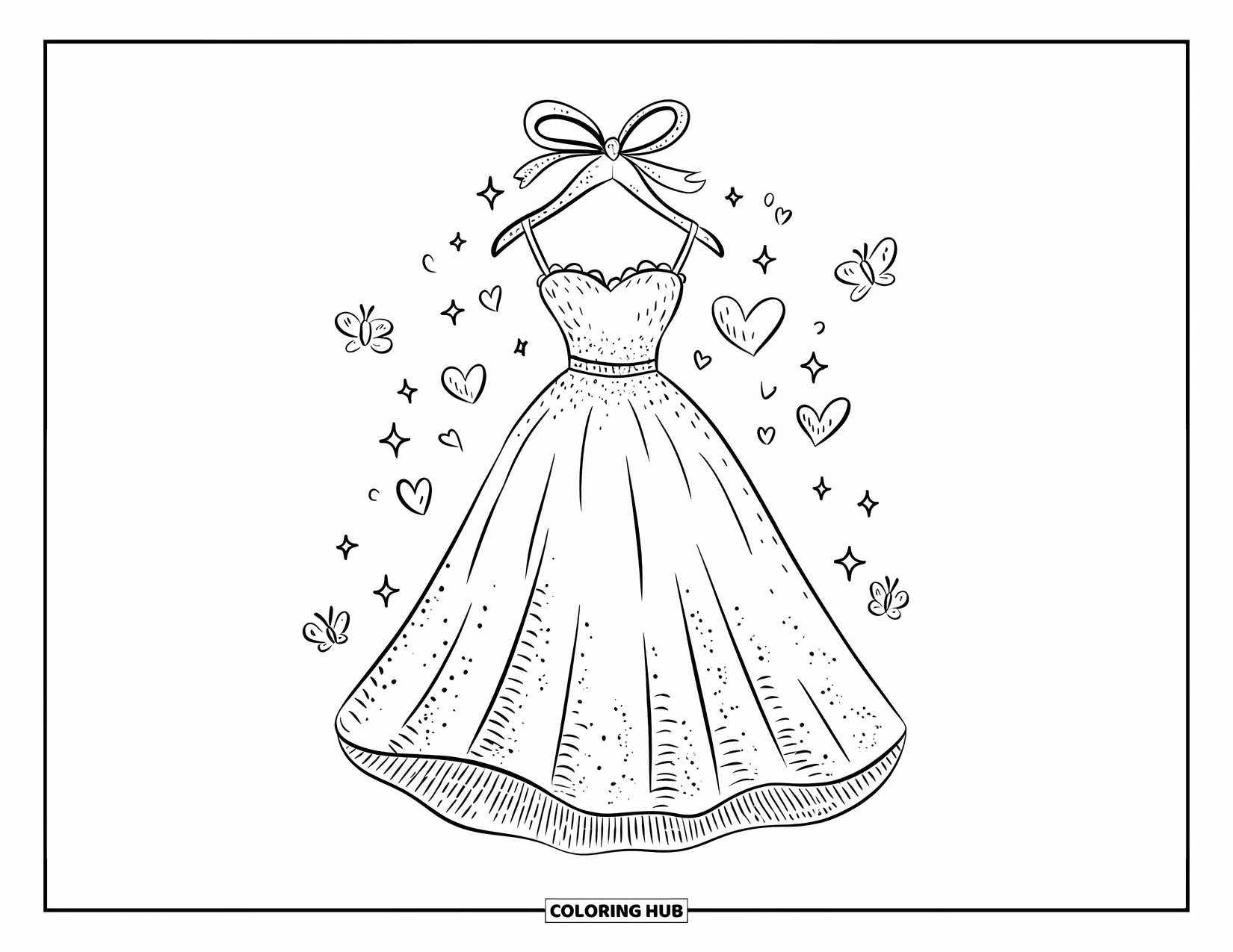 Dibujo de vestido de novia para colorear para adultos: Un vestido de novia en cascada con sutiles volantes cuelga de una percha curva con un lazo decorativo