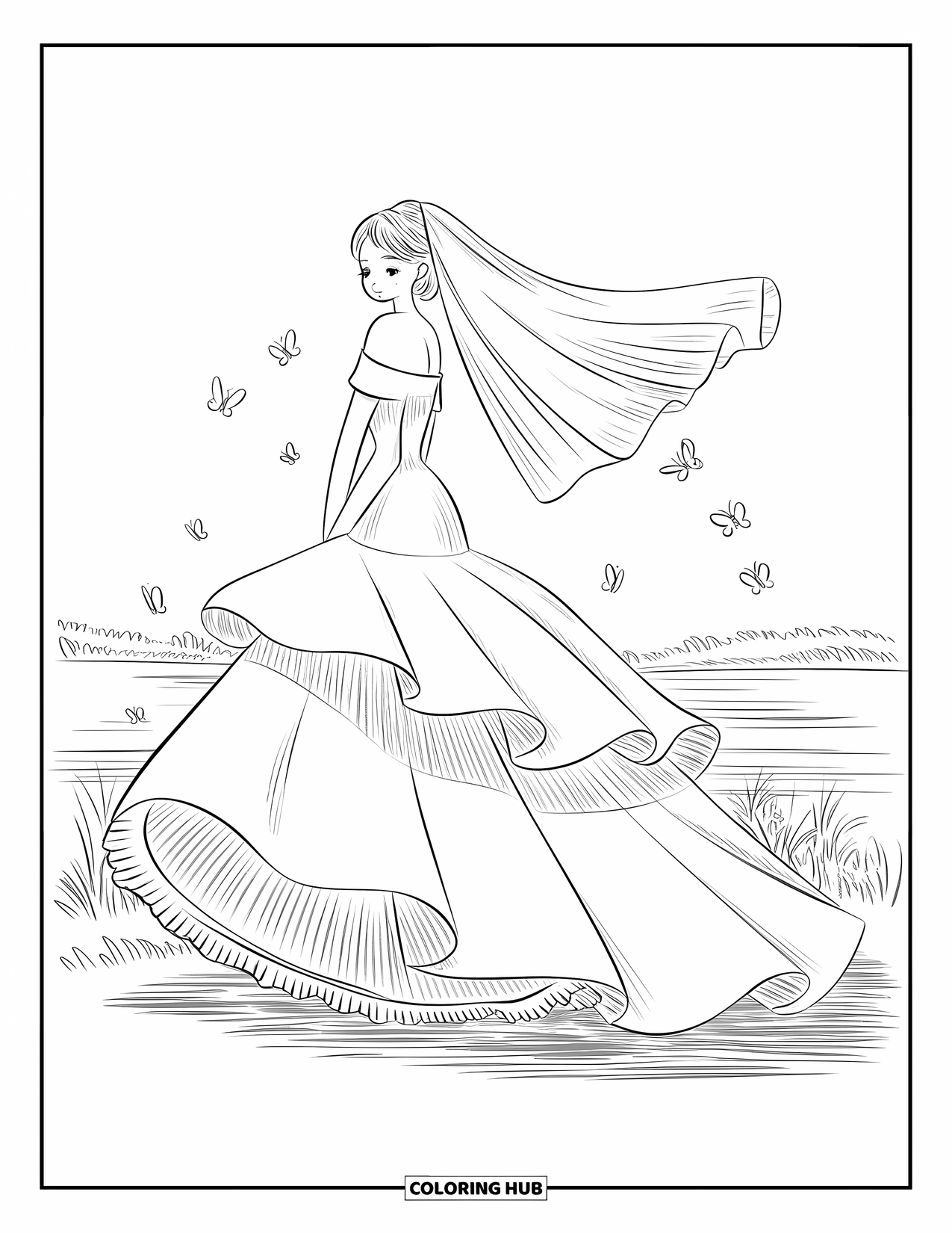 Dibujo de vestido de novia para colorear para adultos: Una novia chibi sostiene su vestido abullonado, revelando múltiples capas con volantes y un velo fluido