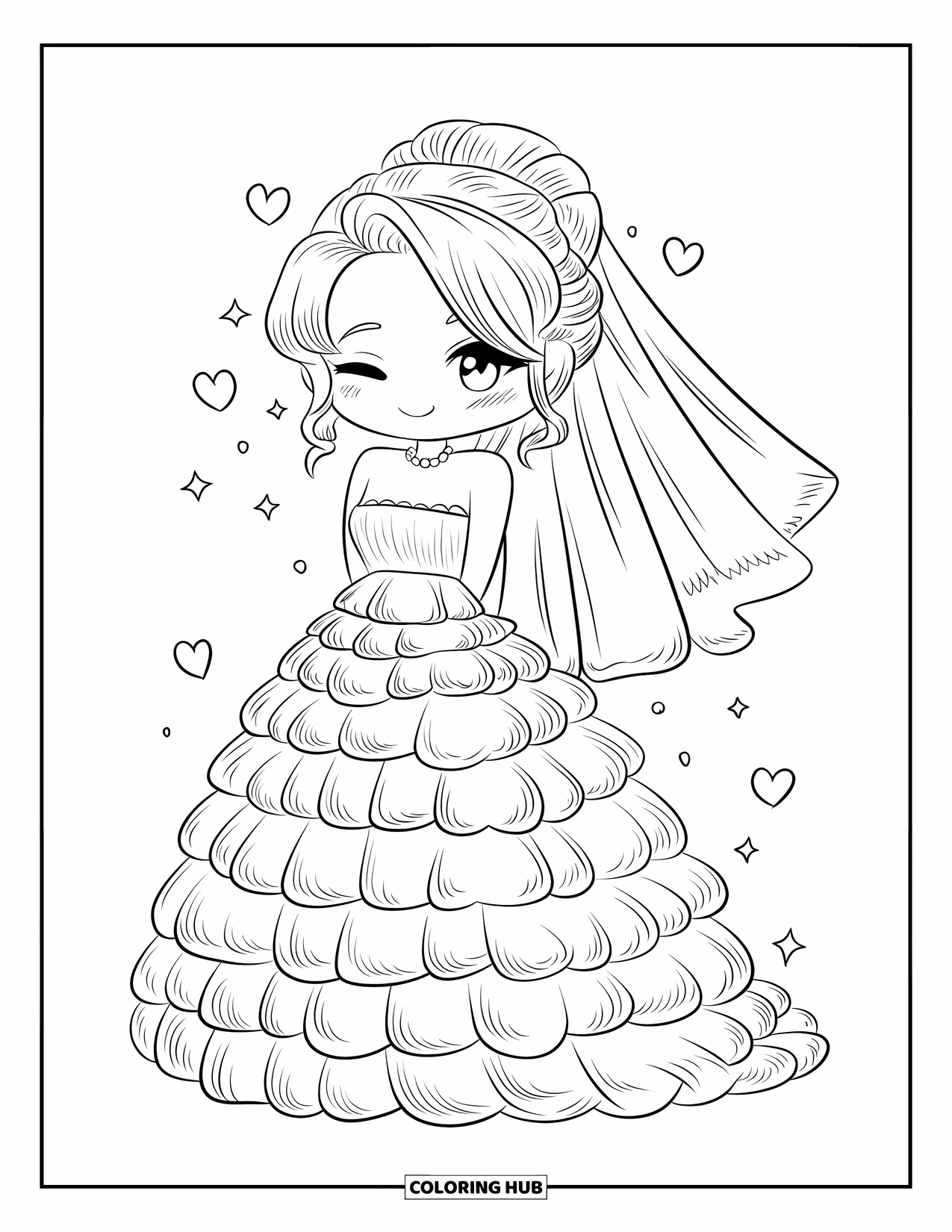 Dibujo de vestido de novia para colorear para adultos: Una novia chibi con un vestido con volantes inclina la cabeza tímidamente con destellos de corazón flotantes