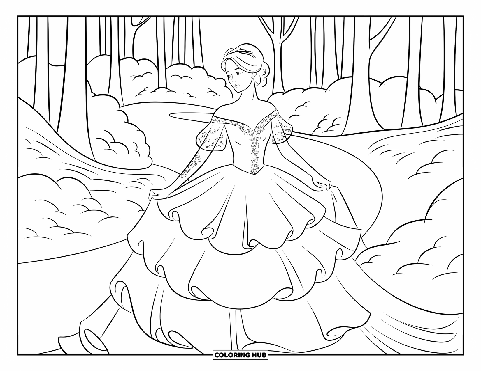 Dibujo para colorear de vestido de novia para adultos: Una novia de cuento de hadas está de pie en un bosque, su vestido cae en delicadas capas bordadas