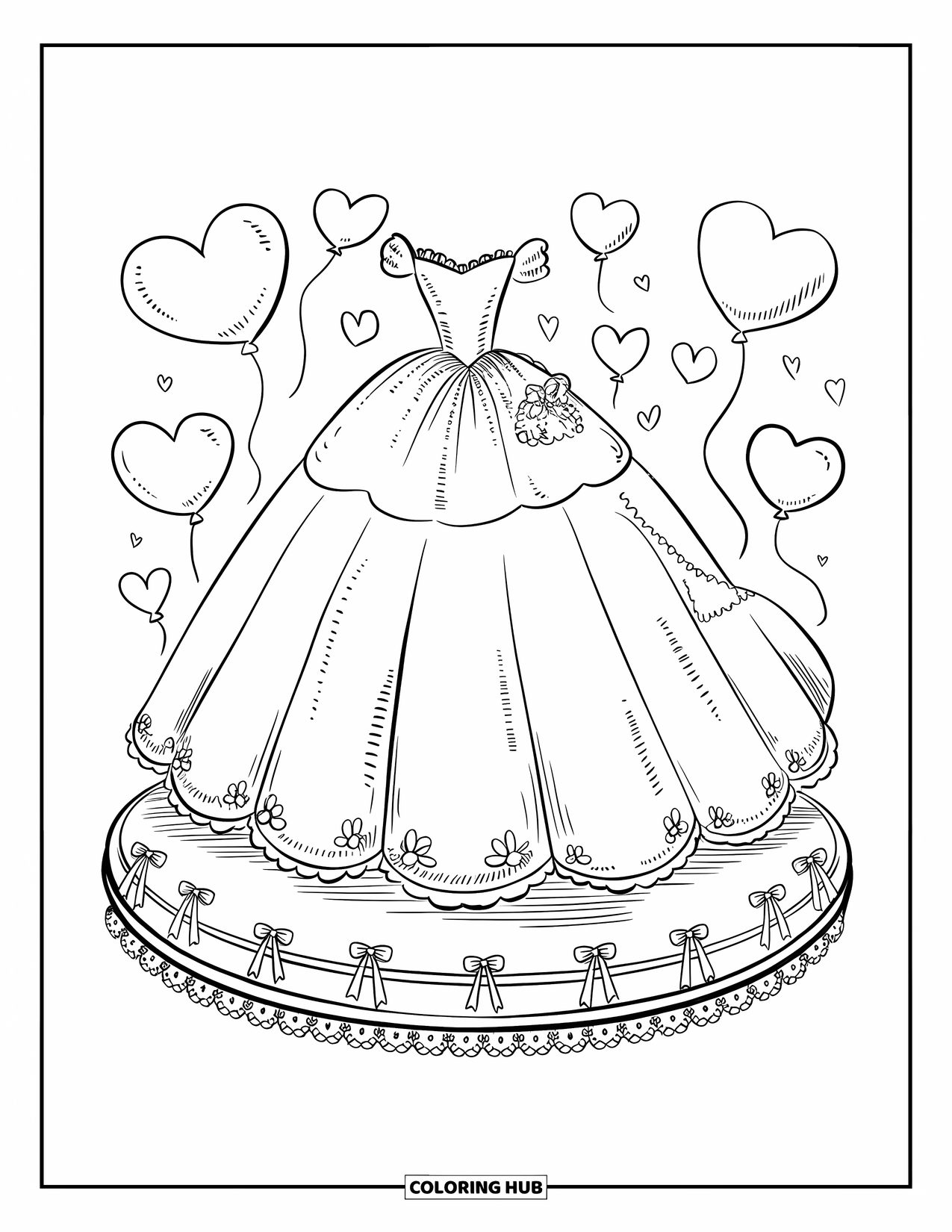 Dibujo de vestido de novia para colorear para adultos: Un esponjoso vestido de novia se asoma desde una caja decorativa atada con una gran cinta y pétalos