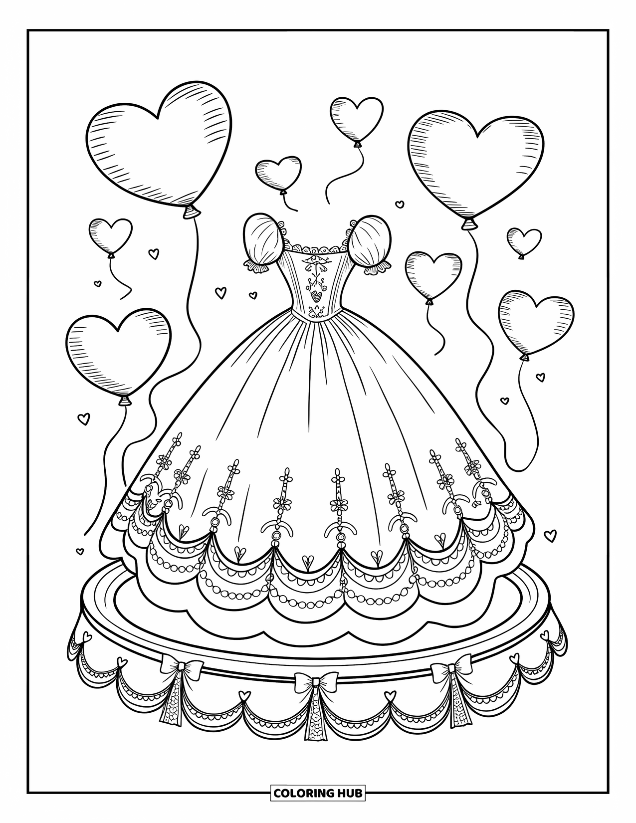 Dibujo de vestido de novia para colorear para adultos: Una plataforma muestra un vestido de novia de ensueño rodeado de encaje, lazos y globos de corazón flotantes