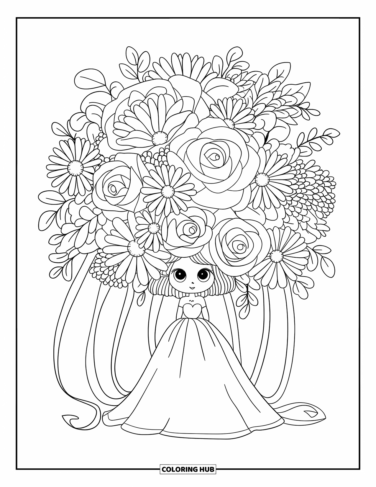 Dibujo de vestido de novia para colorear para adultos: Una novia tímida se esconde detrás de un gigantesco ramo floral con cintas fluidas y pétalos suaves