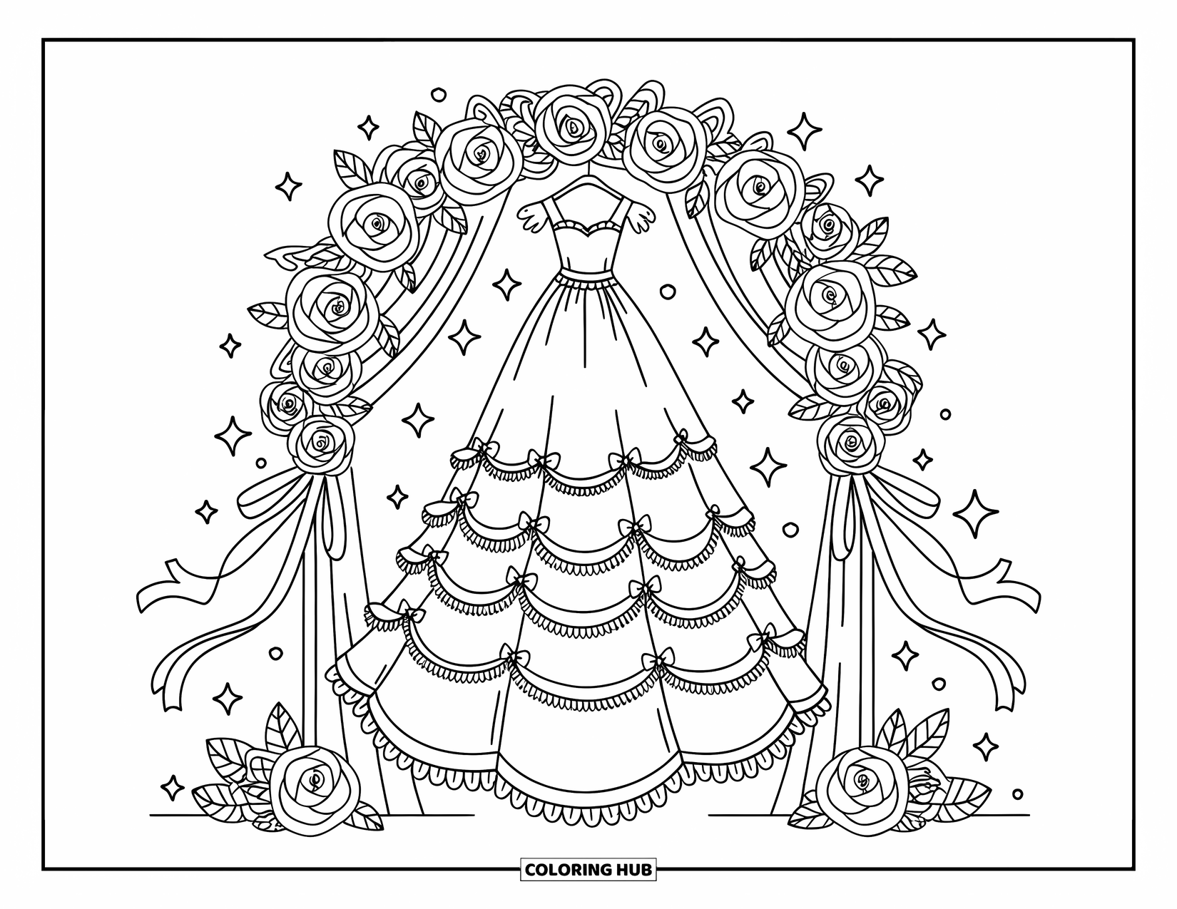 Dibujo de vestido de novia para colorear para adultos: Un vestido de novia cuelga de un arco floral decorado con rosas, estrellas y cintas fluidas