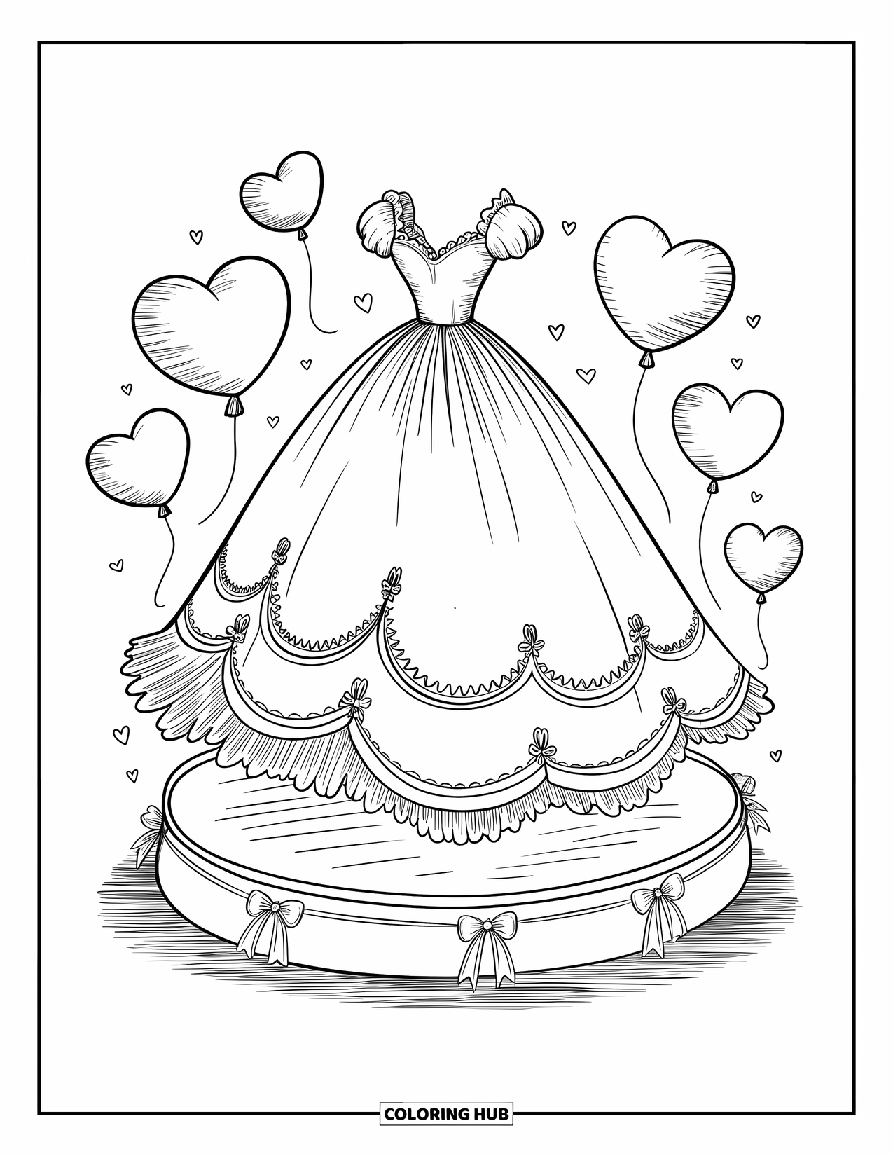 Dibujo de vestido de novia para colorear para adultos: Un vestido de novia con una gran falda de tul se encuentra sobre una plataforma decorativa con globos de corazón