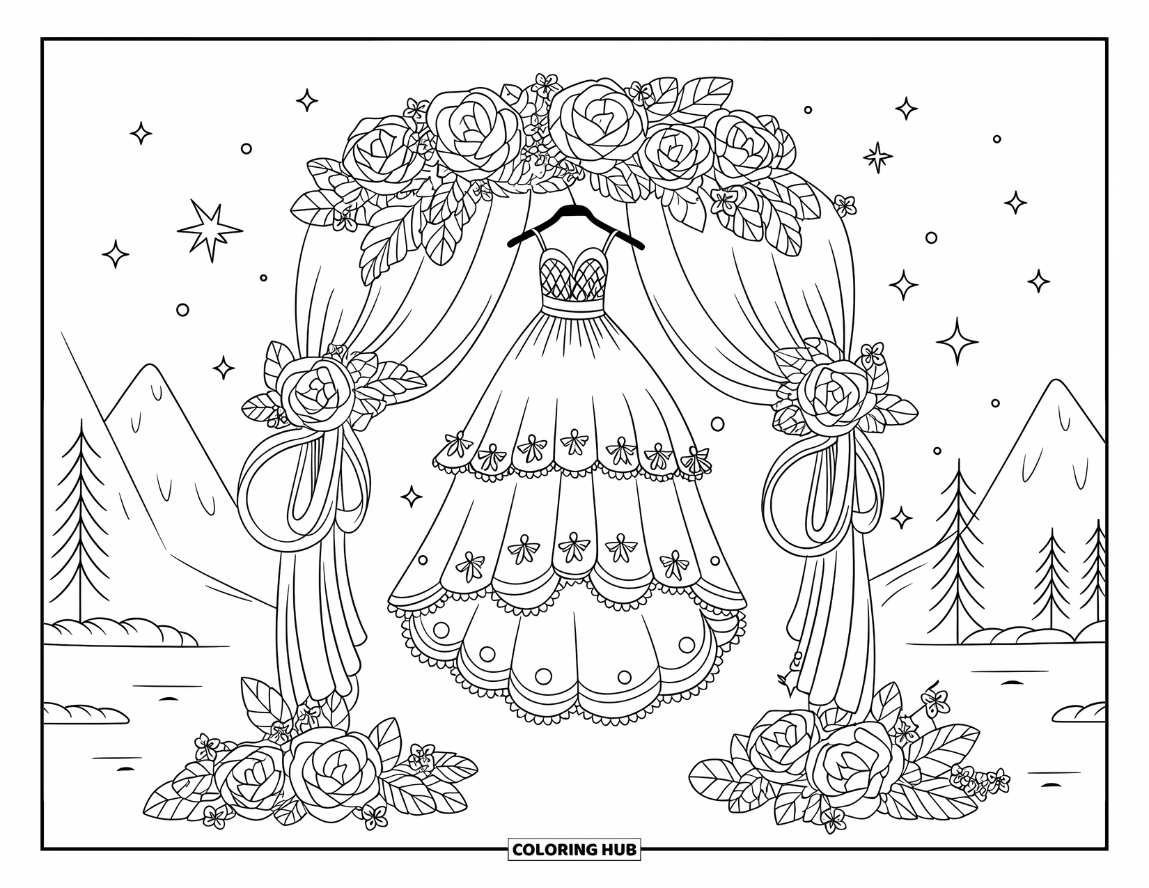 Dibujo de vestido de novia para colorear para adultos: Un vestido de novia con intrincados encajes y volantes cuelga de un arco floral en un paisaje tranquilo