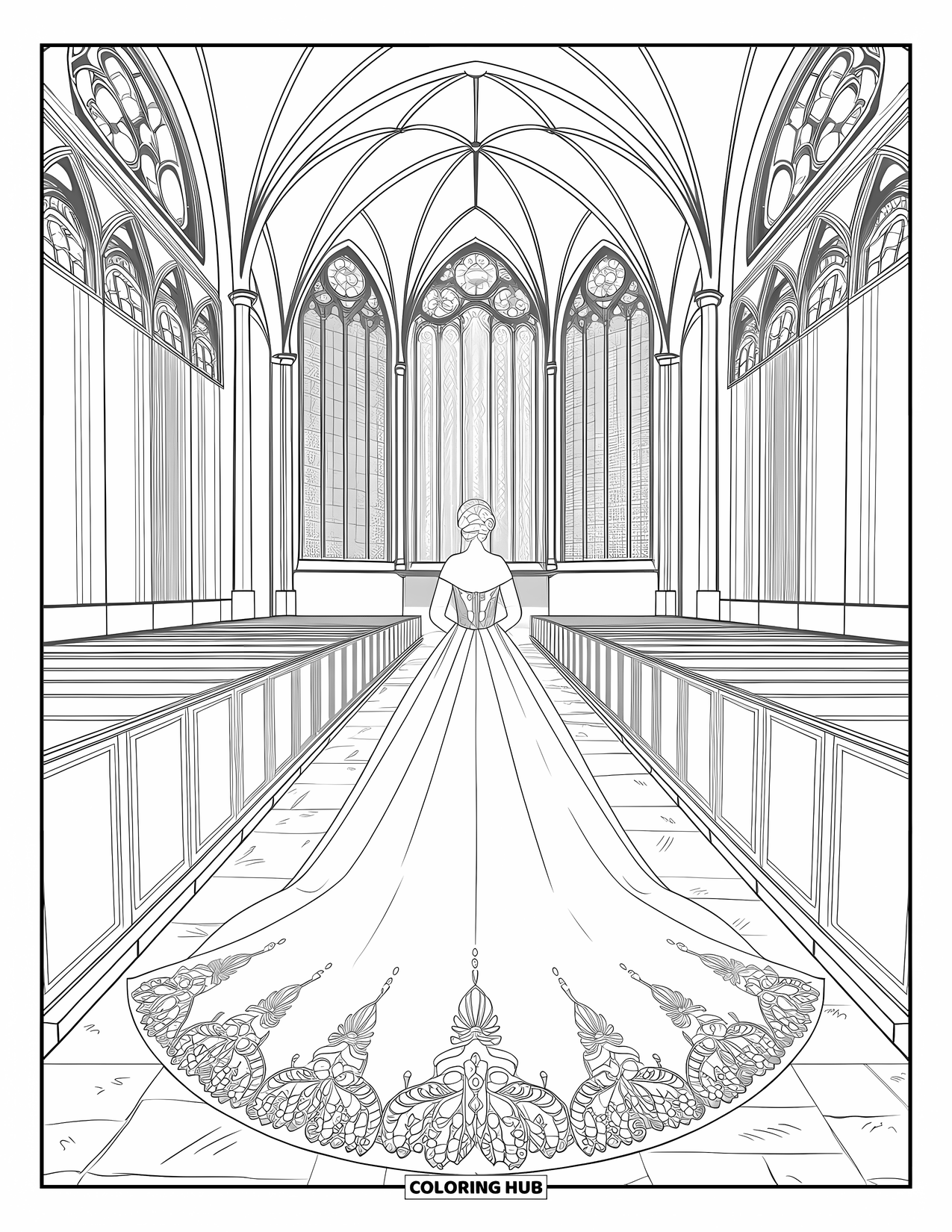 Dibujo de vestido de novia para colorear para adultos: Ella está de pie ante un castillo, su vestido de gala adornado con intrincados bordados y delicada filigrana