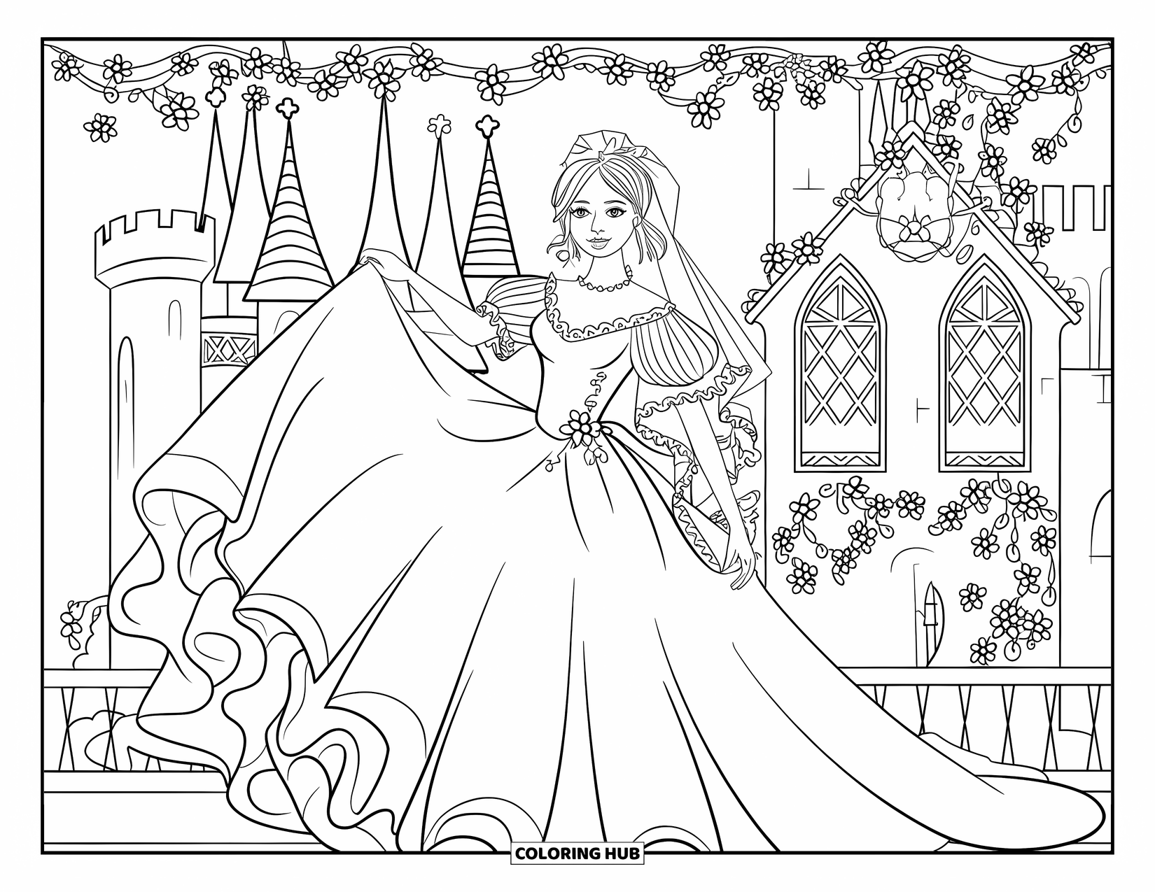 Dibujo para colorear de vestido de novia para adultos: Ella está de pie frente a un castillo, su voluminoso vestido ondea en una encantadora escena de cuento de hadas