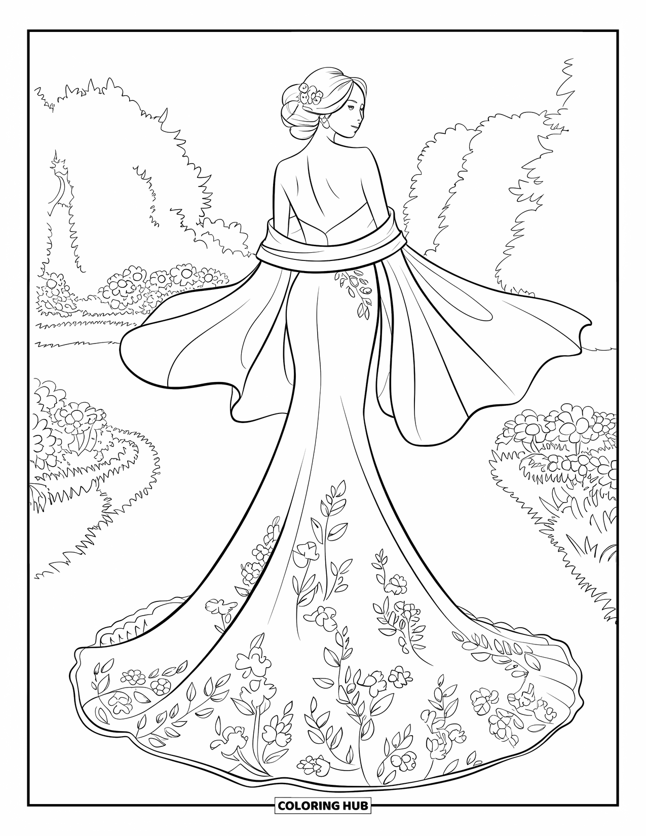 Dibujo de vestido de novia para colorear para adultos: Ella está de pie en un jardín sereno, su vestido de encaje se mezcla maravillosamente con el floreciente entorno