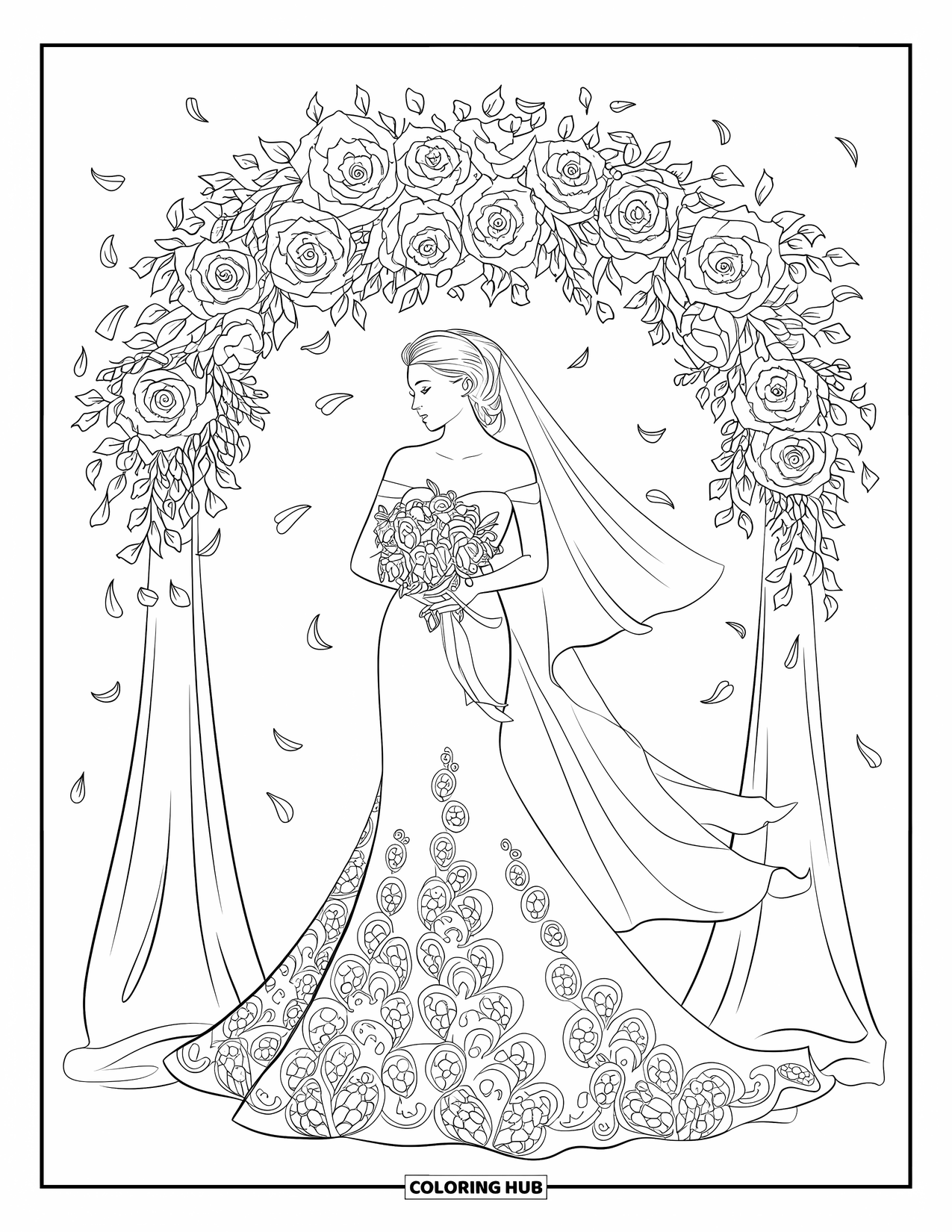 Dibujo de vestido de novia para colorear para adultos: Ella camina por un sendero del jardín, su delicado vestido rozando rosas y hiedra en flor