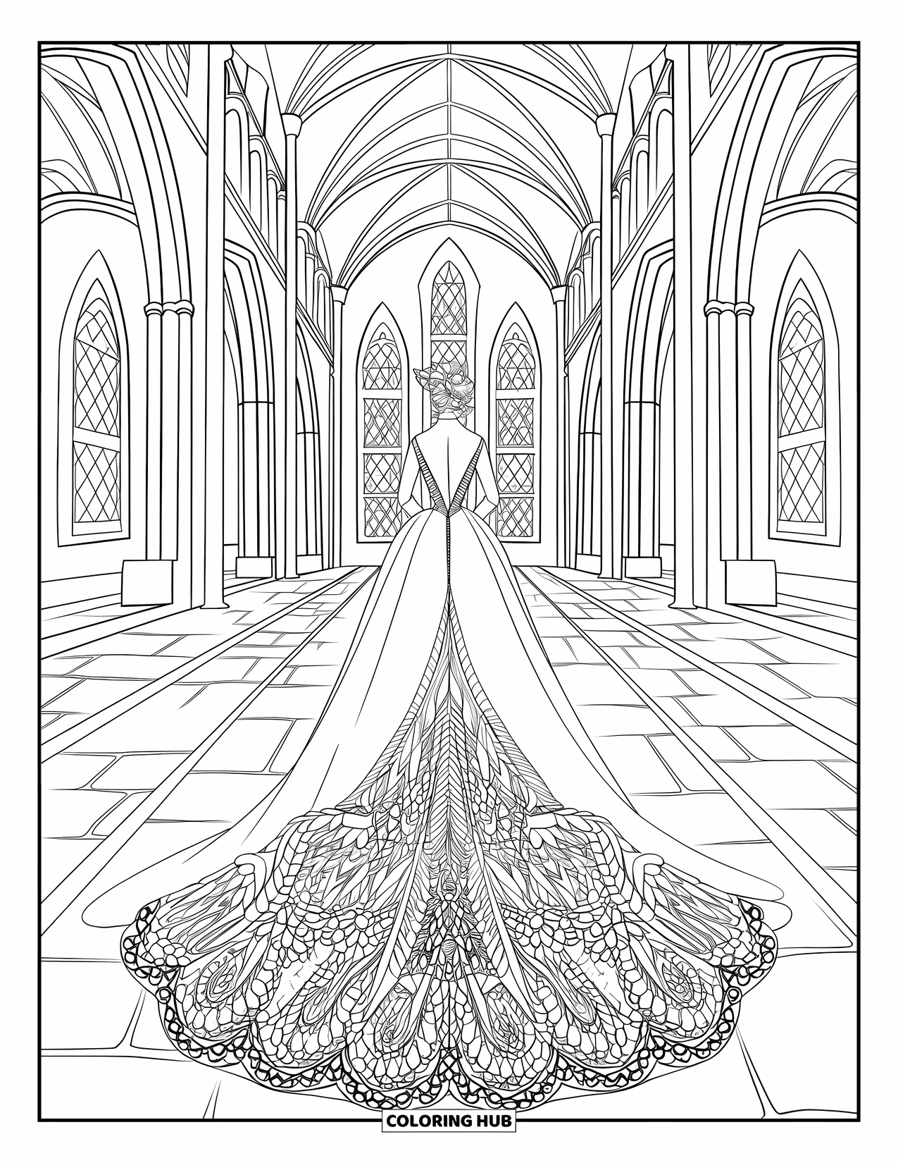 Dibujo de vestido de novia para colorear para adultos: La novia se mueve hacia el altar, su cola bordada capta la luz de las vidrieras de la catedral