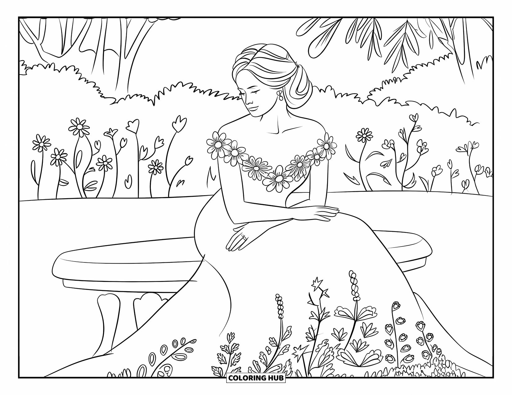 Dibujo para colorear de vestido de novia para adultos: La novia se sienta en un banco de piedra, rodeada de exuberante vegetación y flores florecientes