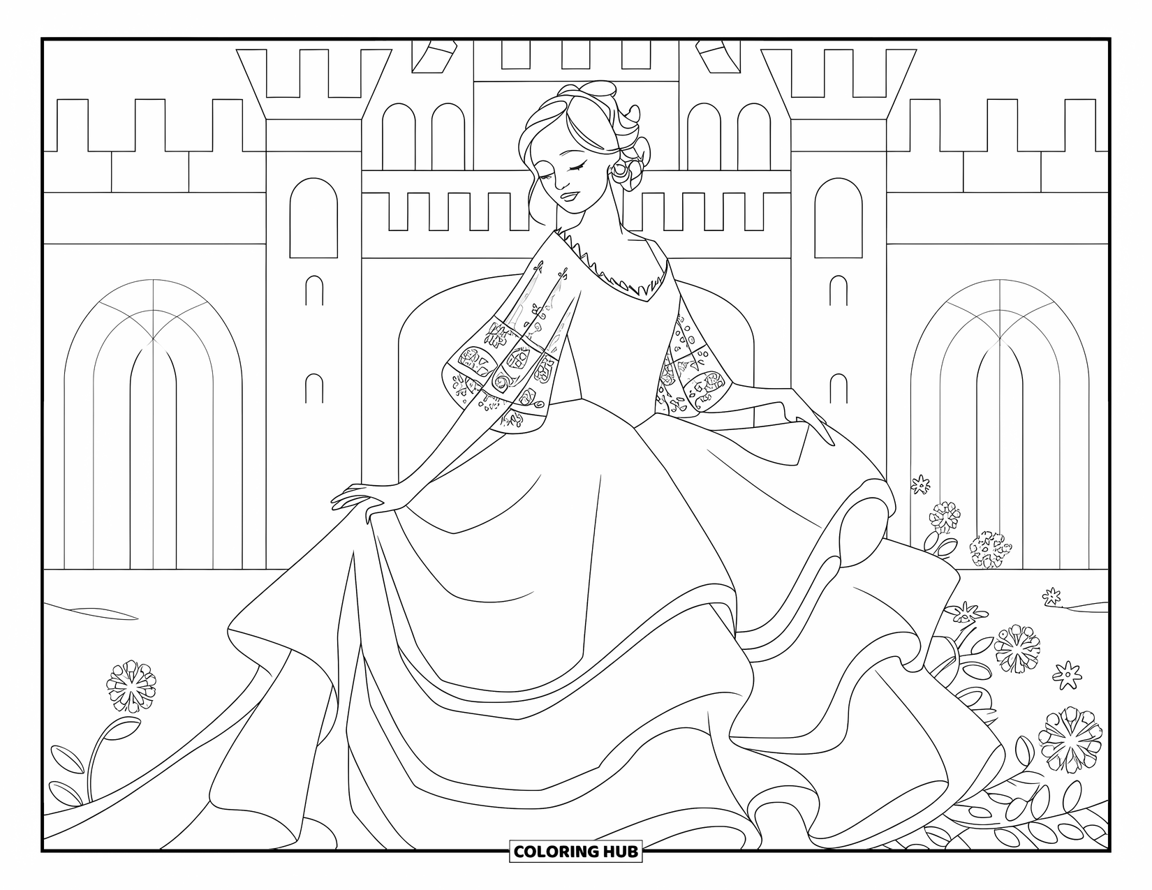 Dibujo para colorear de vestido de novia para adultos: La novia está de pie cerca de un castillo, sosteniendo su vestido mientras la hiedra trepa por las paredes de piedra