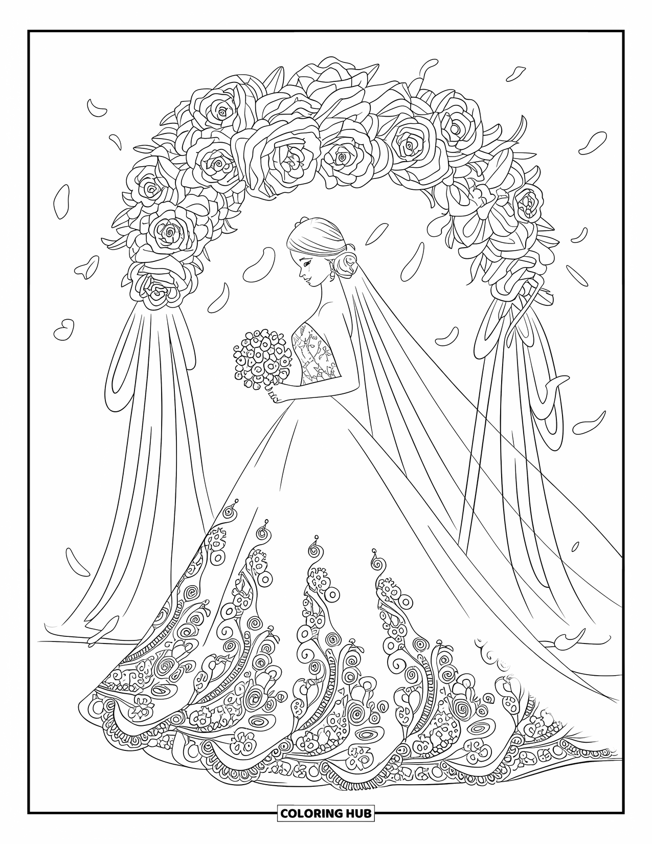 Dibujo de vestido de novia para colorear para adultos: La novia gira en un elegante salón de baile, su vestido de capas fluye mientras los candelabros proyectan un brillo