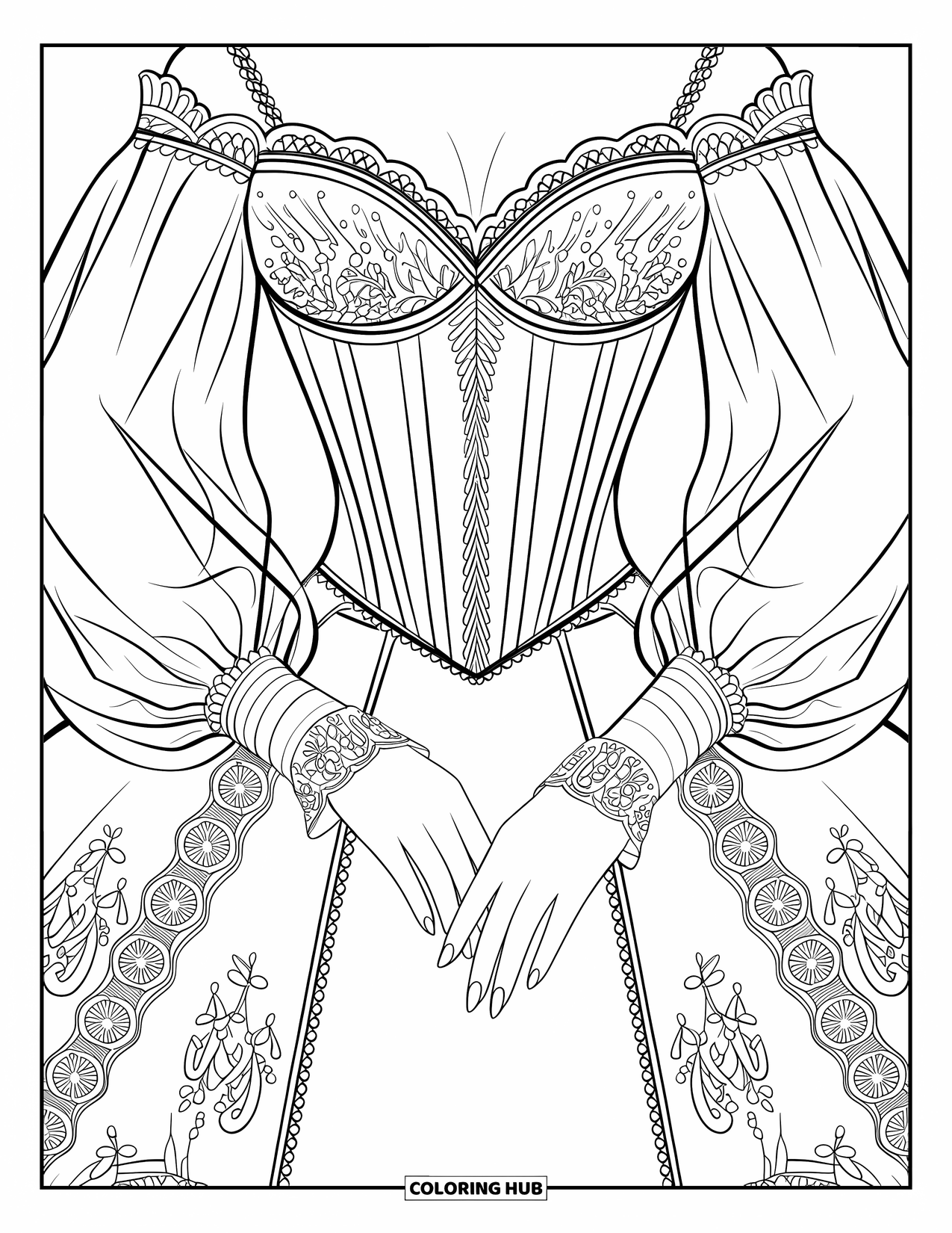 Dibujo de vestido de novia para colorear para adultos: La novia camina por el pasillo, su cola bordada fluye bajo los imponentes arcos de la catedral