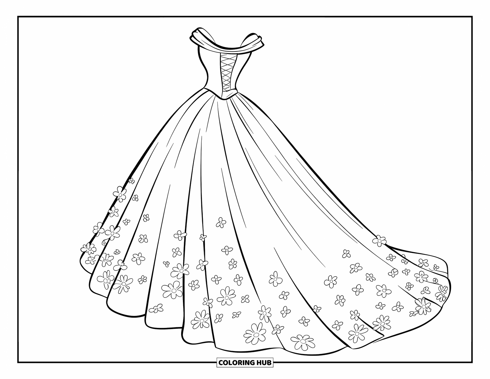 Dibujo de vestido de novia para colorear para niños: Un vestido de novia estilo salón de baile con capas de tul fluidas y motivos florales dispersos se alza con elegancia